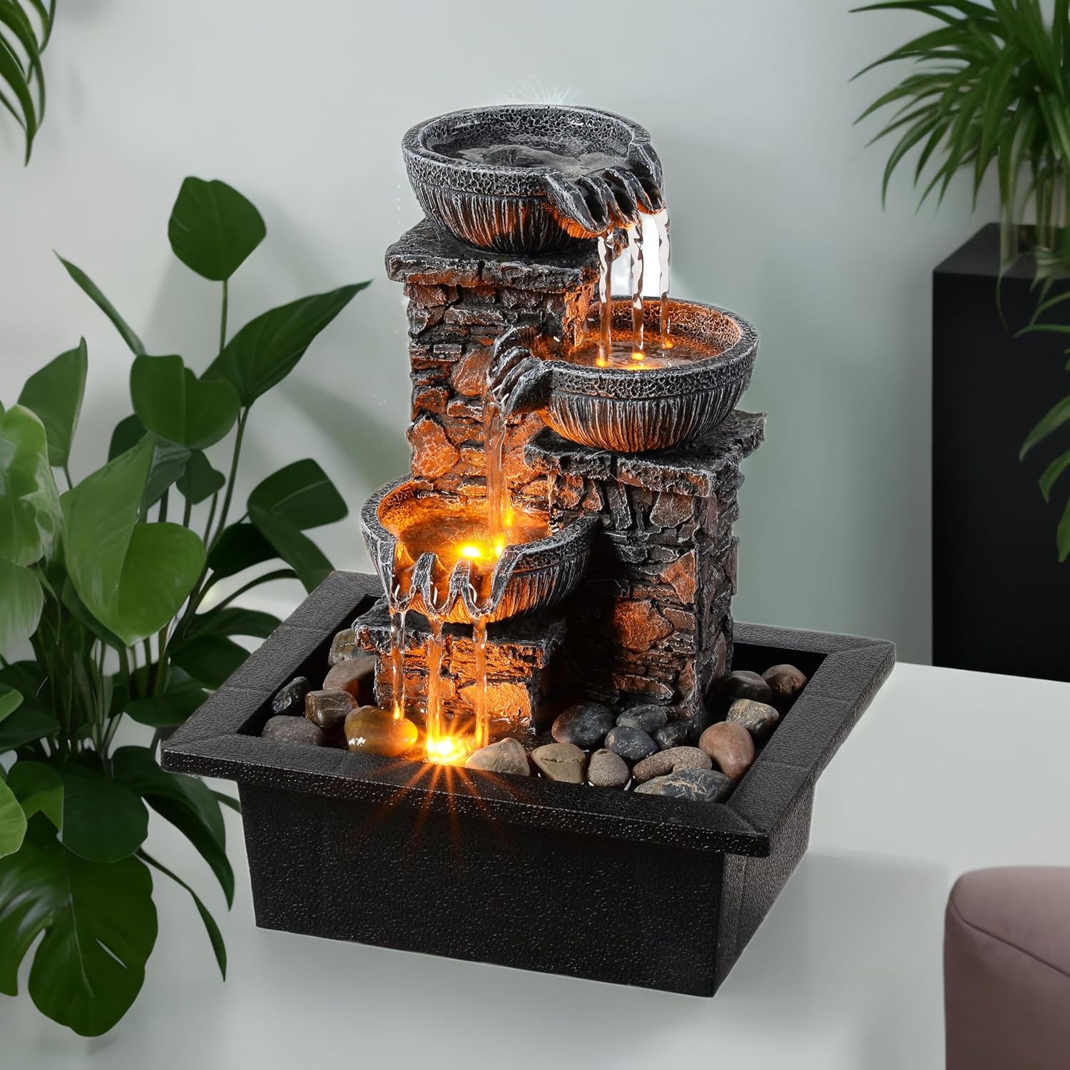 Kalona Tabletop Waterfall Fountain 3 Bowls with LED Light, Soothing Water Flow Sound, Zen Meditation Decor for Home and Office, Relaxation Water Fountains Indoor (23113)