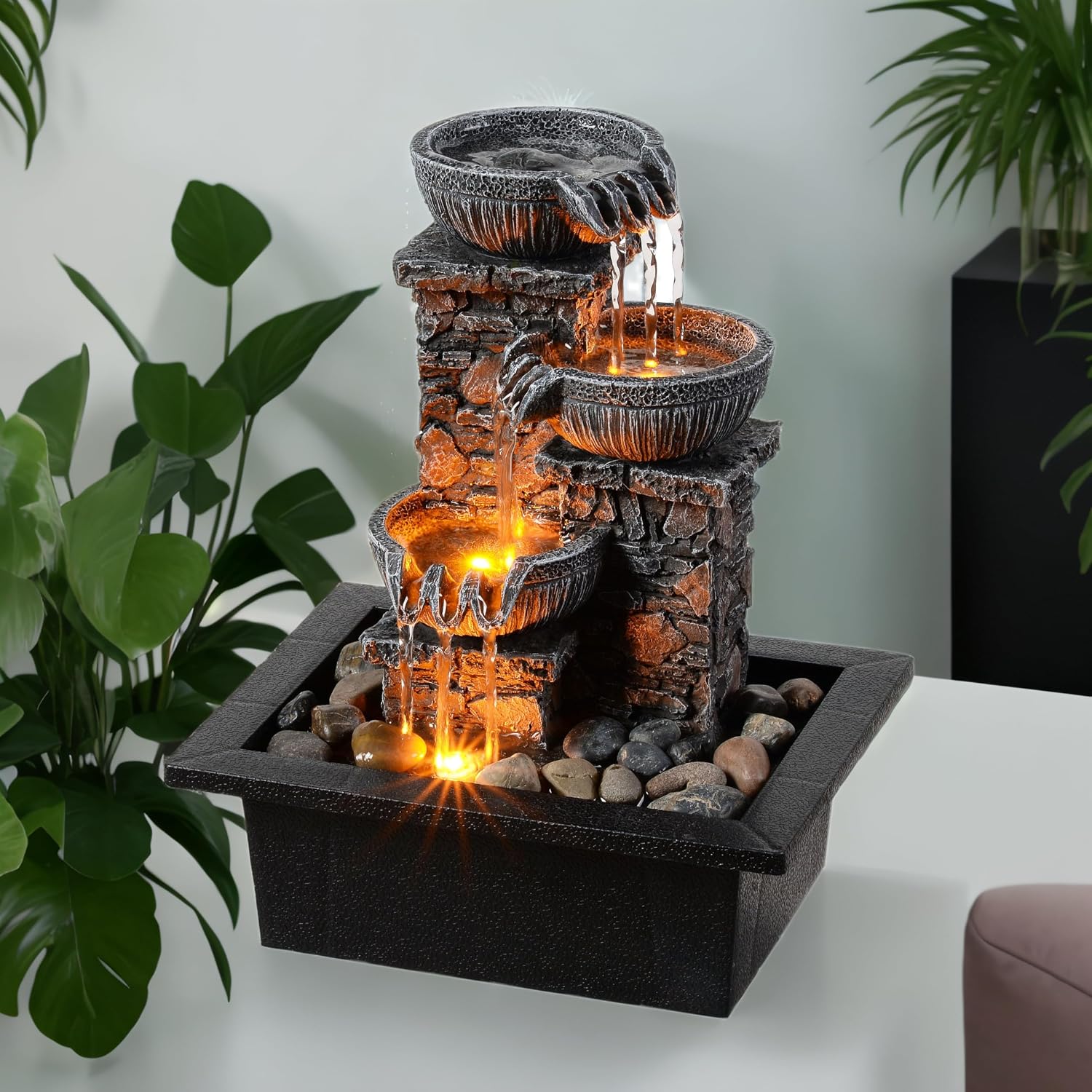 Kalona Tabletop Waterfall Fountain 3 Bowls with LED Light, Soothing Water Flow Sound, Zen Meditation Decor for Home and Office, Relaxation Water Fountains Indoor (23113)
