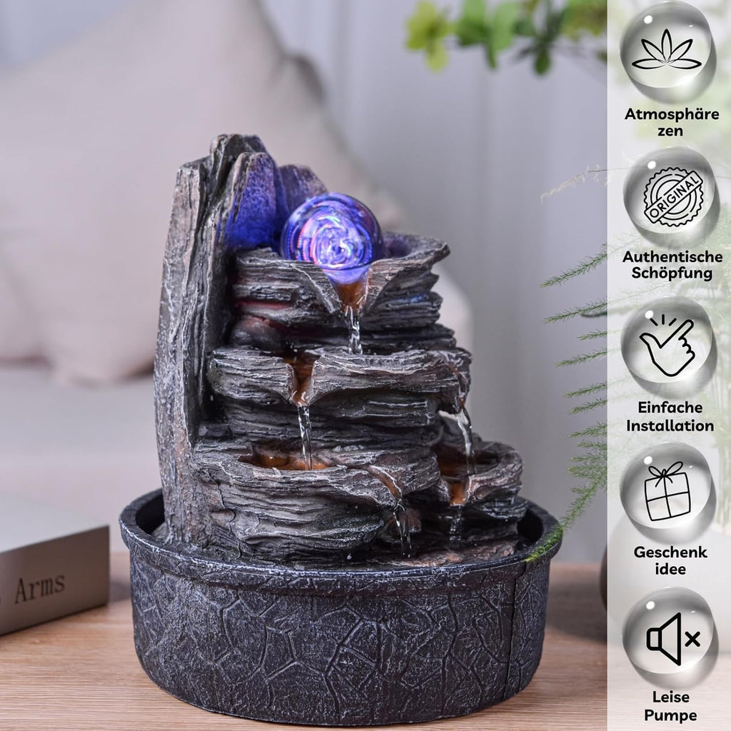 Luberon Zen'Light Indoor Fountain Waterfall Natural Stairs Stone Effect Colourful Light Gift Idea Interior Decoration in Motion Zen Table Fountain Relaxing Lucky Charm Object H 25 cm
