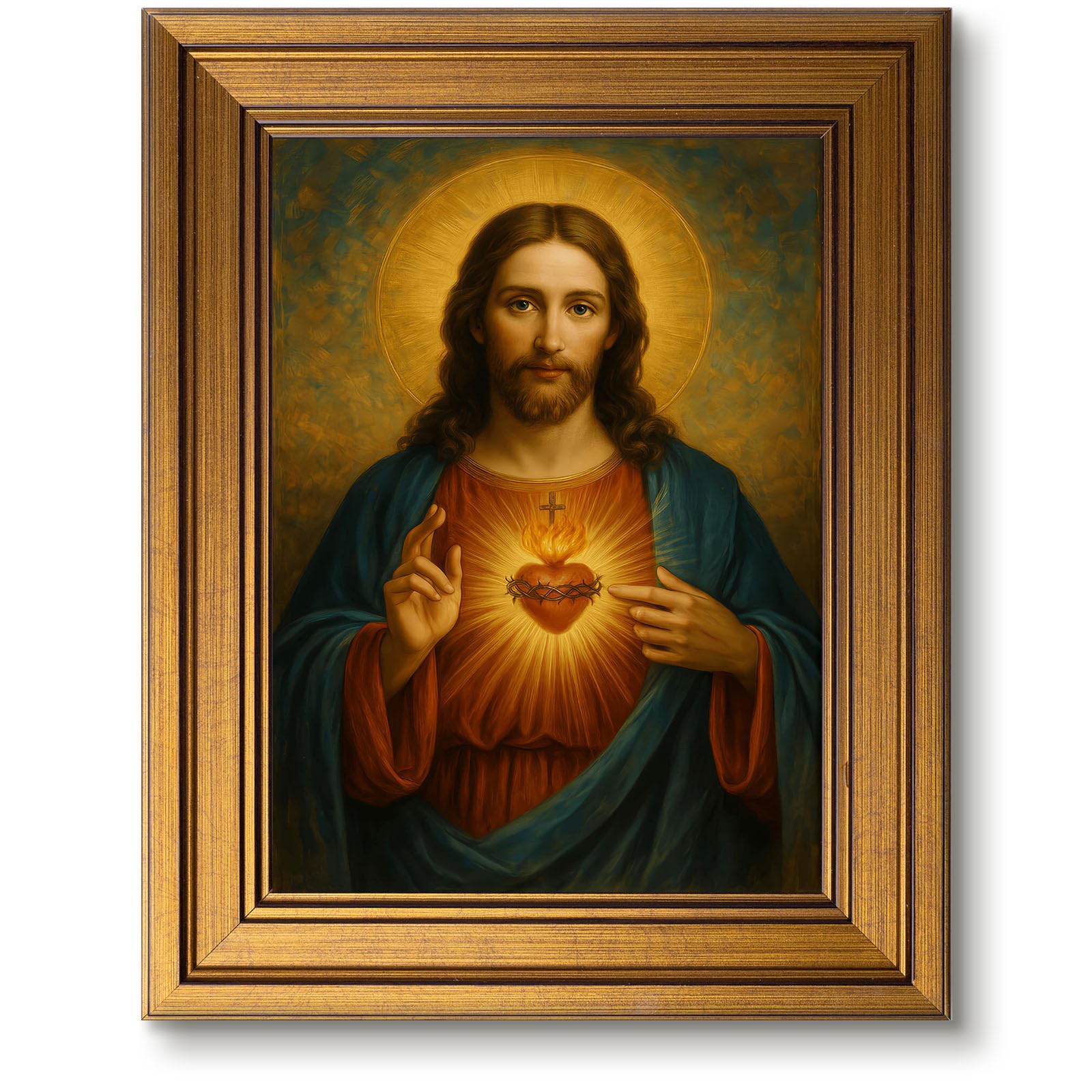 Vintage Gold Framed Wall Art 9x11 Inch Sacred Heart of Jesus Paintings Pictures Wall Decor Christian Canvas Poster Printing Artwork for Living Room Bedroom Prayer Room Home Decoration Ready to Hang