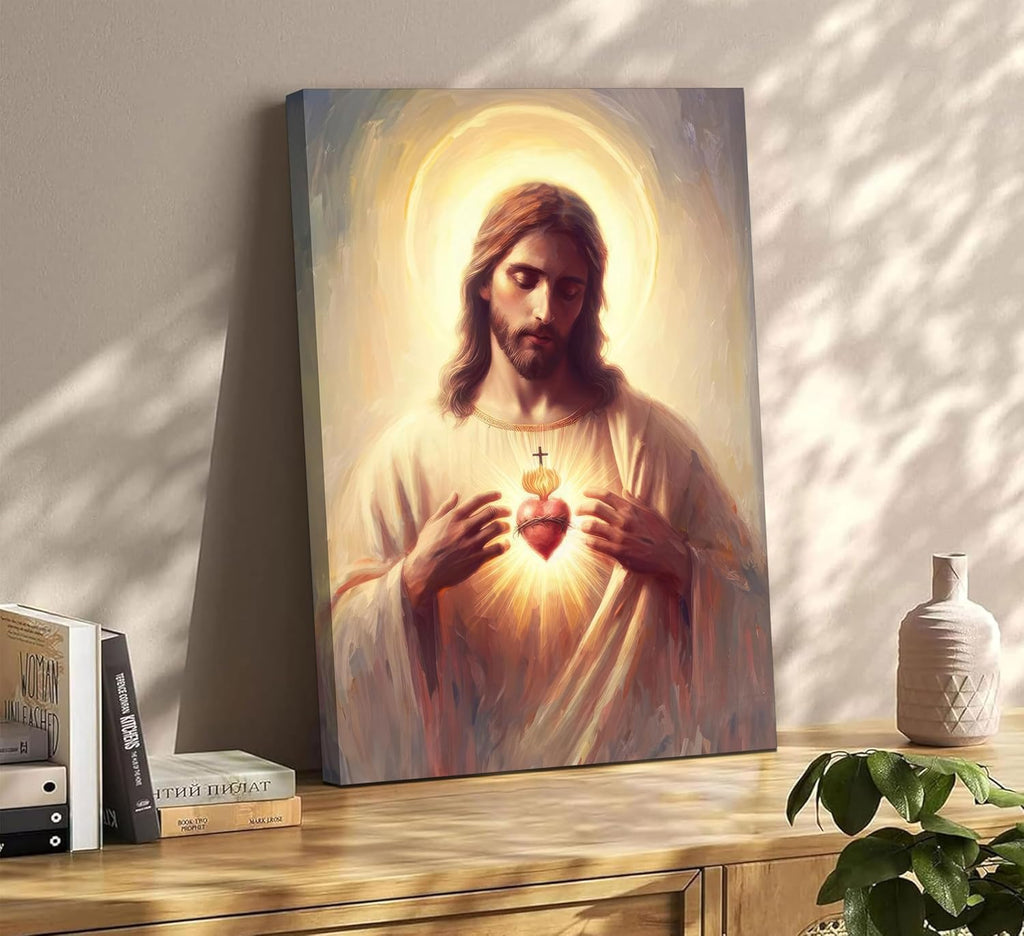 Jesus Sacred Heart Canvas Wall Art Painting Christian Poster Print Divine Mercy Picture Religious Spiritual Wall Decor for Bedroom Living Room 16x24in Framed