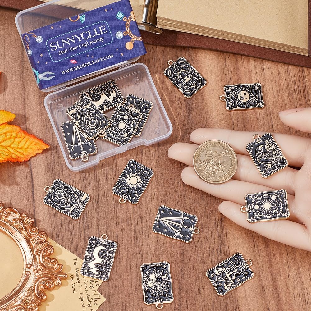 SUNNYCLUE Pack of 20 10 Styles Tarot Charms Bulk Fortune Telling Charms Halloween Gothic Magic Tarot Card Enamel Black Gold Amulet Lucky Charm for Jewellery Making Pendant DIY Earrings Bracelets