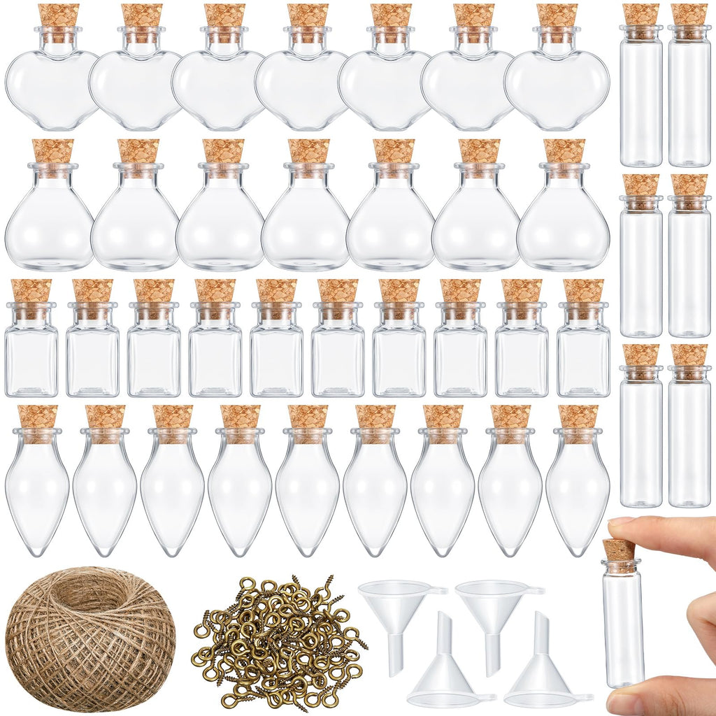 Geiserailie 50 Pcs Mini Glass Jars with Cork Stoppers,Style A,Transparent | With Eye Screws Funnel Jute Twine, 4 Shapes for Spell Jars Wishing Bottles Witchcraft DIY Crafts Party Decor Jewelry Making