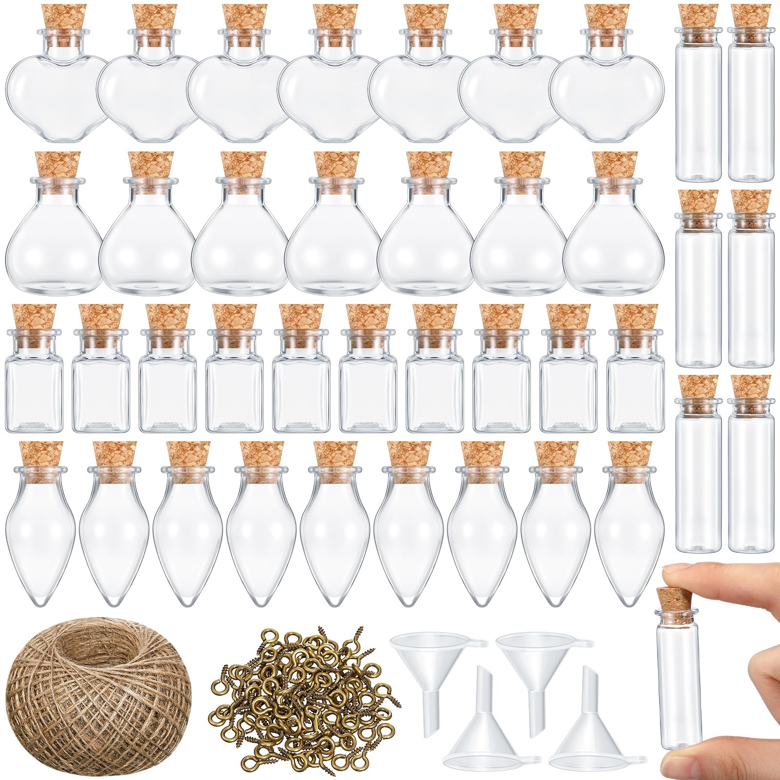 Geiserailie 50 Pcs Mini Glass Jars with Cork Stoppers,Style A,Transparent | With Eye Screws Funnel Jute Twine, 4 Shapes for Spell Jars Wishing Bottles Witchcraft DIY Crafts Party Decor Jewelry Making