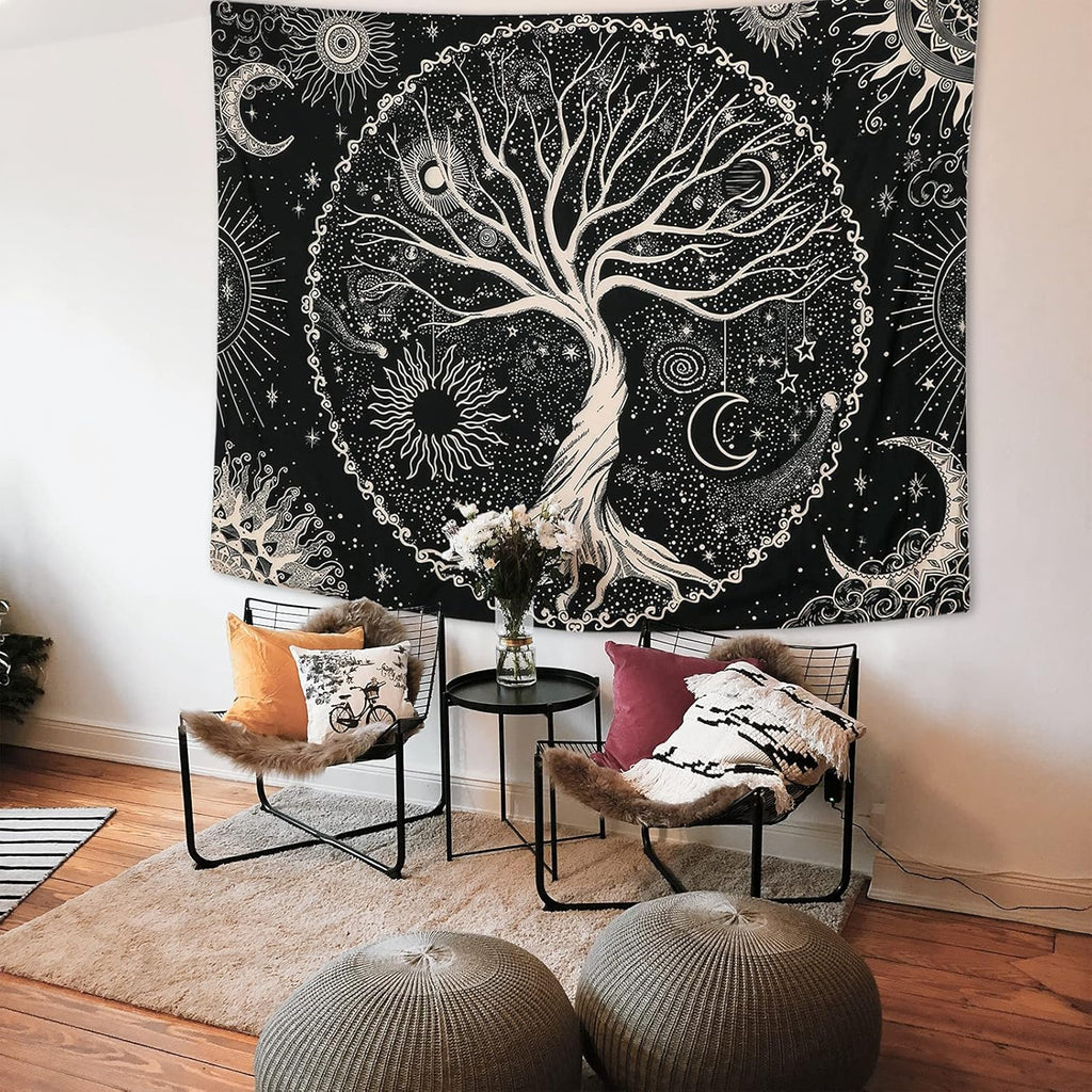 Betylifoy Baum des Lebens Tapisserie Mond und Sonne Schwarzer Wandbehang Tapisserie Psychedelisches Mandala Sternenhimmel Wandteppich Hippie Tapisserie für Schlafzimmer (148x200cm)