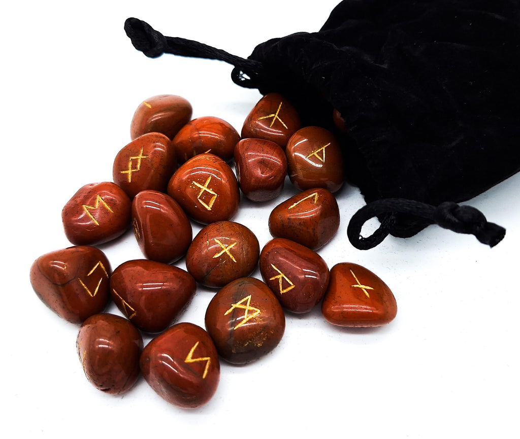 Edelstein Runen Set Elder Futhark Heilstein Amethyst 25 Steine ca. 20 mm im Samtbeutel | Mythologie Wikinger Esoterik Meditation Magie (Amethyst goldene Gravur)