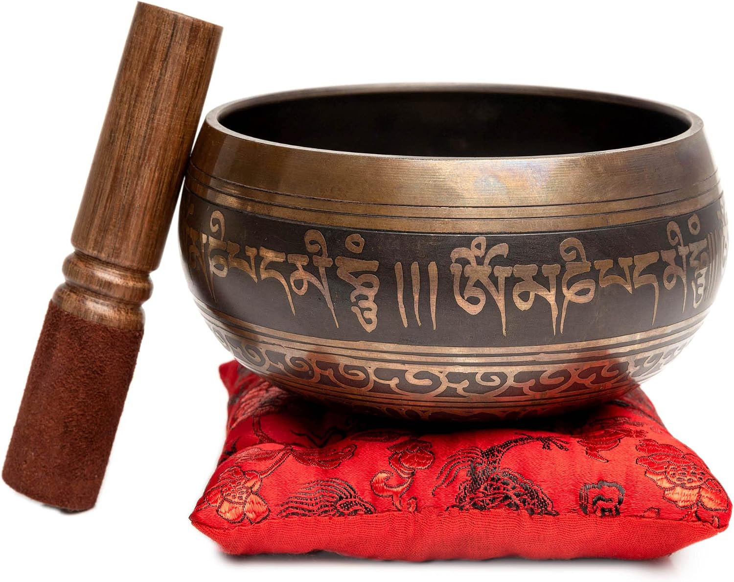 Premium Tibetan Singing Bowl Set – Handmade in Nepal Sound & Meditation Bowl – Spiritual Decor for Yoga, Wellness Spaces & Relaxation by Himalayan Bazaar (Brown & Red)