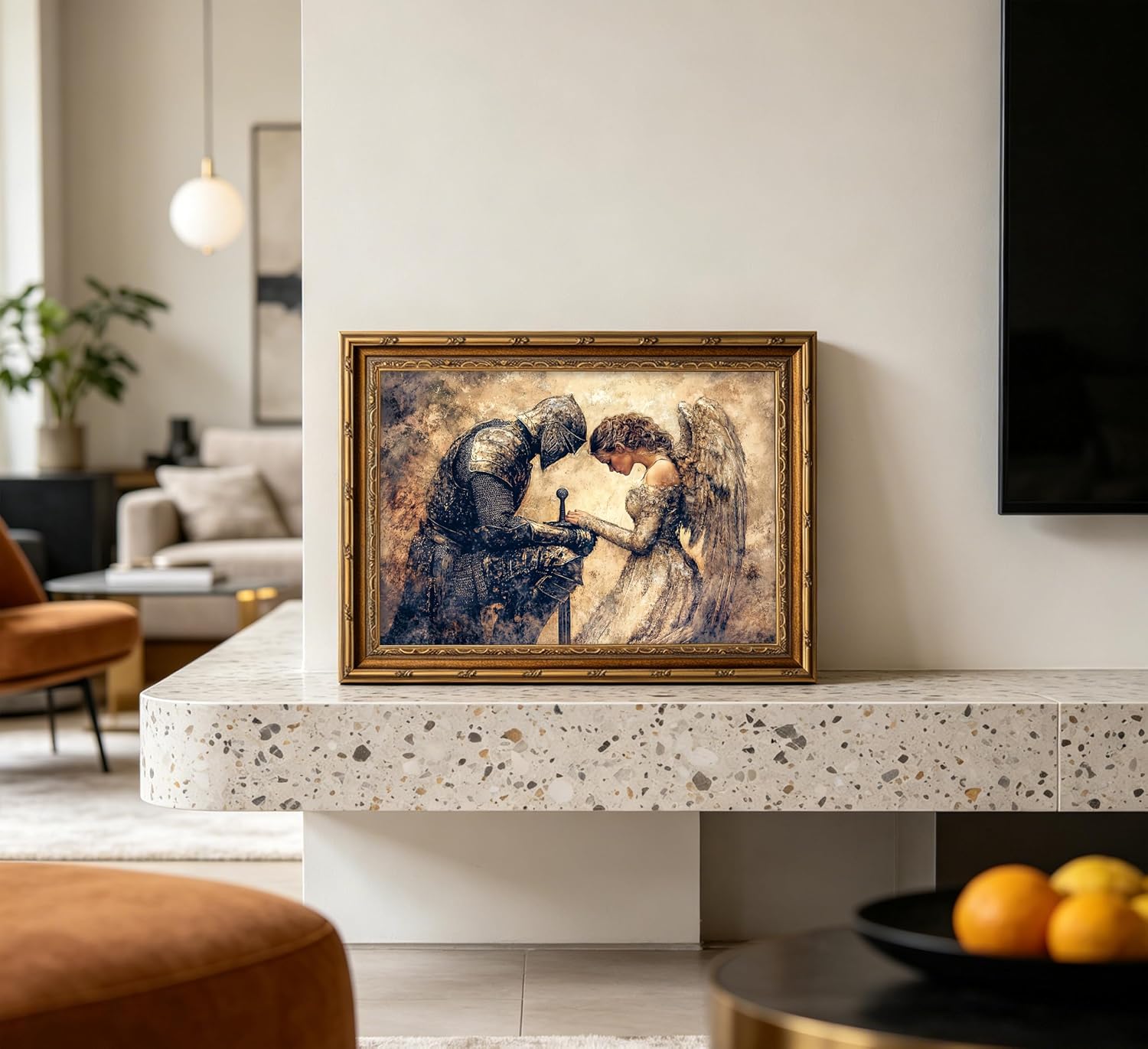 Vintage Gold Framed Medieval Knight Wall Art, Retro Fantasy Warrior Angel Oil Painting Canvas Print, Antique Gothic Romantic Wall Decor, Dark Academia Poster Artwork for Bedroom Living Room