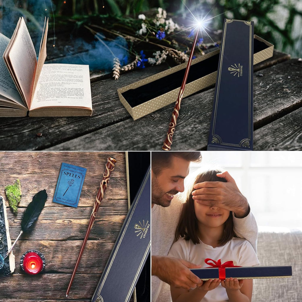 ChampWe Light Up Magic Wizard Wand Rechargeable Illuminating Toy for Kids Witch Collection Cosplay Accessories with Spellbook and Gift Box (Ivy)