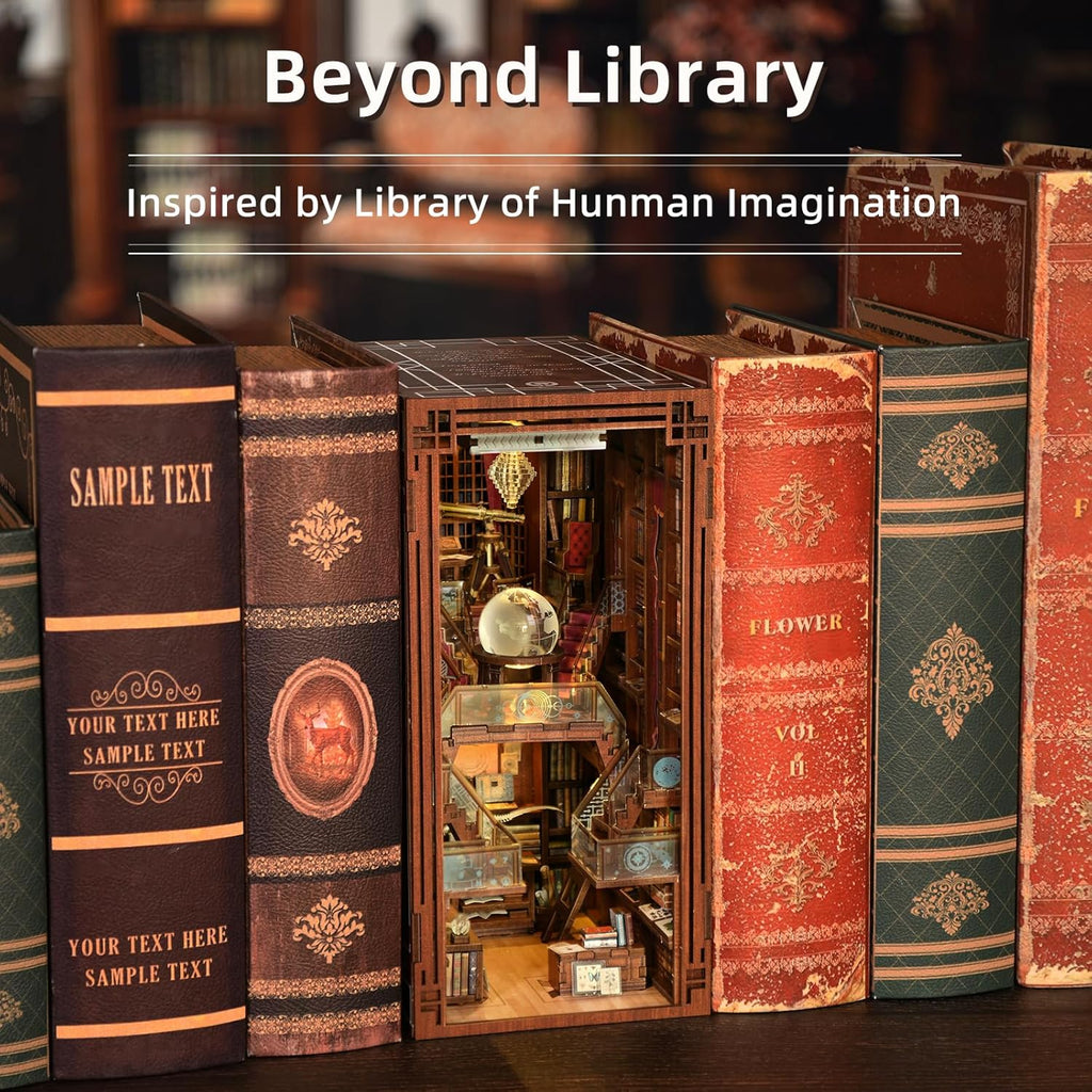 Book Nook Kit, DIY Miniatur Puppenhaus Booknook Kit, 3D Wooden Puzzle Bookend Bookshelf Insert Decor mit LED-Licht und Staubschutzhülle für Jugendliche und Erwachsene (Beyond Library)