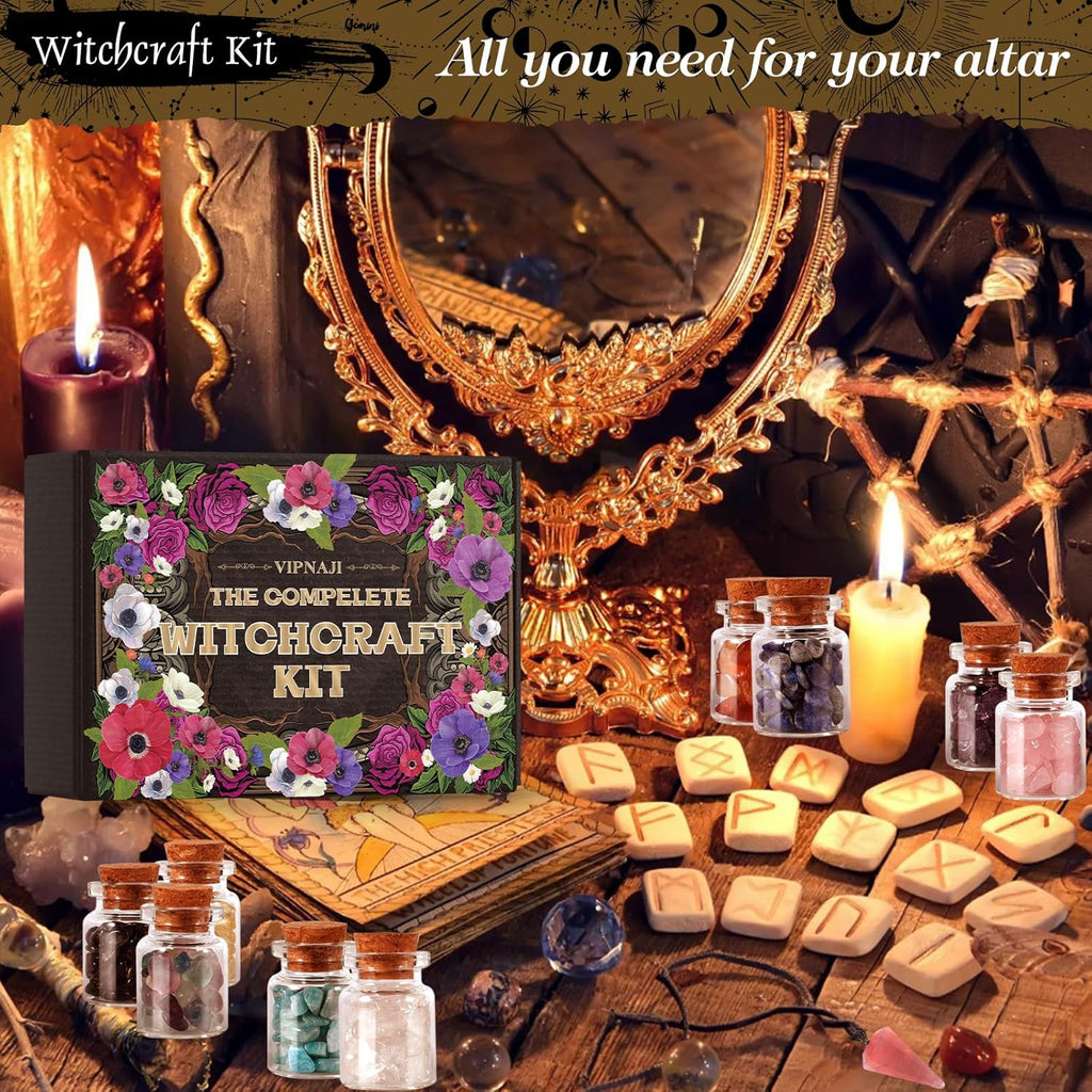 VIPNAJI Starter Witch Kit 64 Pieces Witchcraft Kit, Candles Small, Dried Flowers, Crystals, Measuring Spoons, Parchment Paper, Tumbled Gemstone Crystal Chips for Chimes, Magic, Witchcraft, Wish You