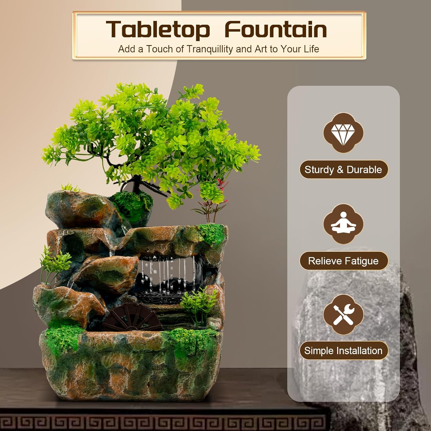 Zimmerbrunnen mit LED Beleuchtung, Grüne Pflanze Brunnen Springbrunnen Gartenbrunnen Deko Tischbrunnen mit Wasserfall, 18 * 15 * 30cm