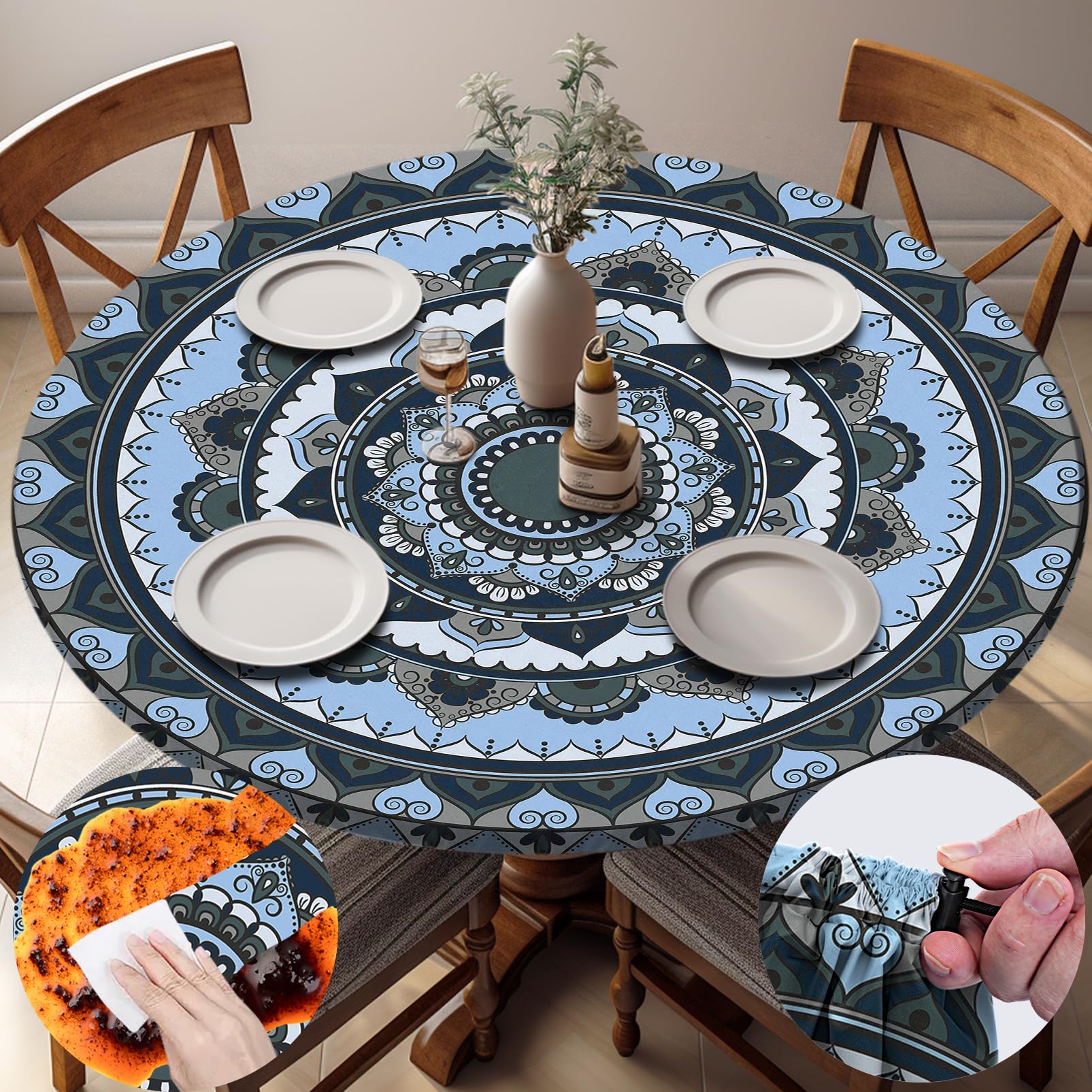 opstellen Fitted Round Tablecloth Waterproof Table Cloth Vinyl Indoor Outdoor Circle Cover for 36-44" Tables Dining Kitchen Apartment Home Party Gear Gifts Summer Fall Patio Picnic Camping Essentials