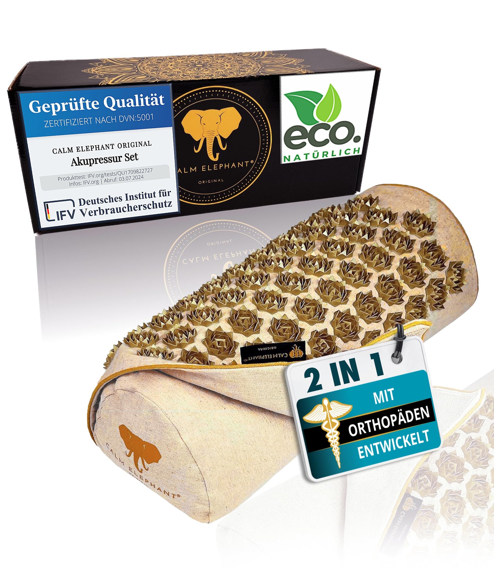CALM ELEPHANT ORIGINAL® Akupressurmatte mit Kissen XXL Set GENUINE 5-teilig, Massagematte Rücken, Verspannungen lösen, Akupunktur Matte, Kissen mit Wärmefunktion, Lendenkissen, Fußmatte & Tasche, grau