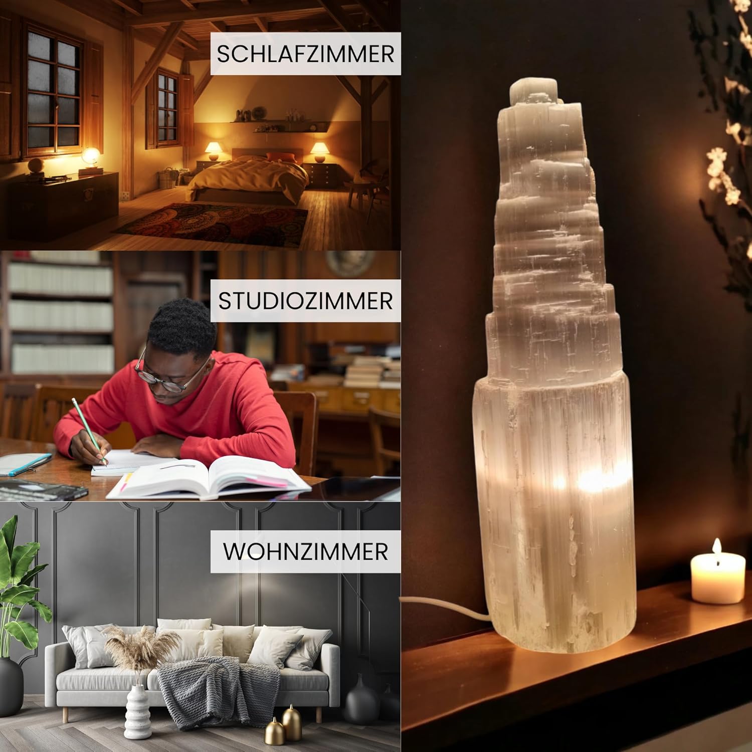 Selenit Lampe 20 cm – Großer Selenit Turm, Kristall Tischlampe & Nachttischlampe – Edelstein Lampe zur Reinigung, Meditation & Dekoration – Natürliches Home Decor