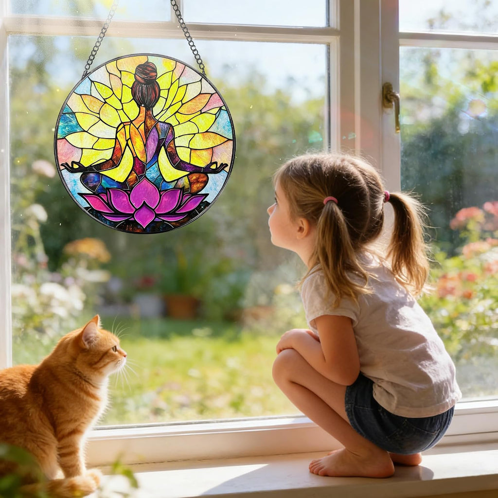 Stained Glass Window Hanging, 7.8 Inch Yoga Stained Glass Suncatcher, Boho Window Hanging Decor, Yoga Decor, Spiritual Healing Gift, Great Gift Ideas, Gifts for Women, Gifts for Christmas & Holiday