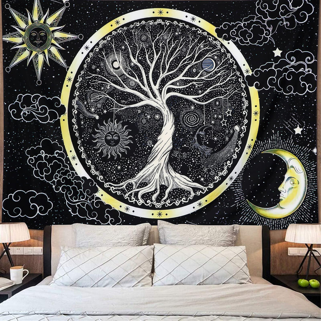 Betylifoy Baum des Lebens Tapisserie Mond und Sonne Schwarzer Wandbehang Tapisserie Psychedelisches Mandala Sternenhimmel Wandteppich Hippie Tapisserie für Schlafzimmer (148x200cm)