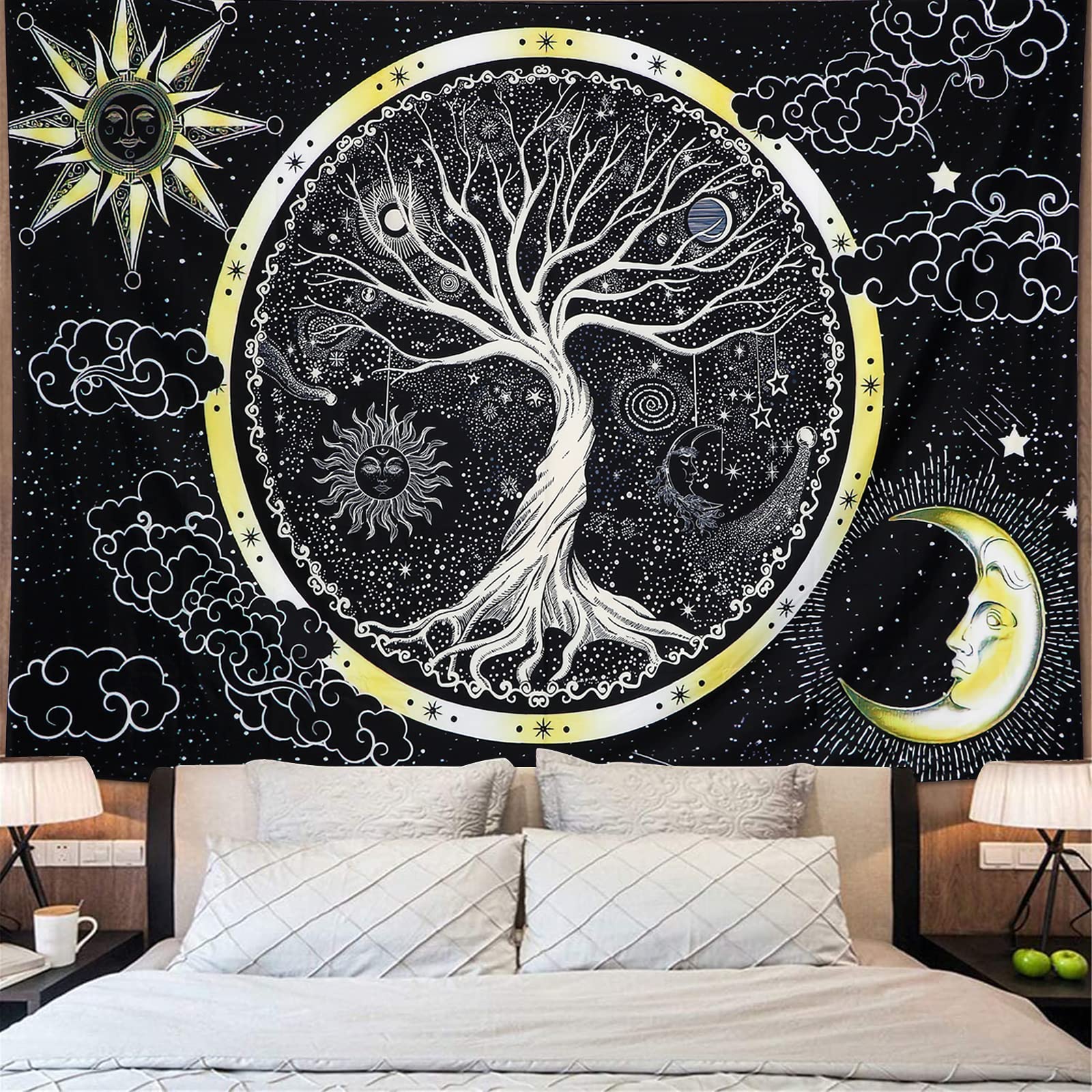Betylifoy Baum des Lebens Tapisserie Mond und Sonne Schwarzer Wandbehang Tapisserie Psychedelisches Mandala Sternenhimmel Wandteppich Hippie Tapisserie für Schlafzimmer (148x200cm)