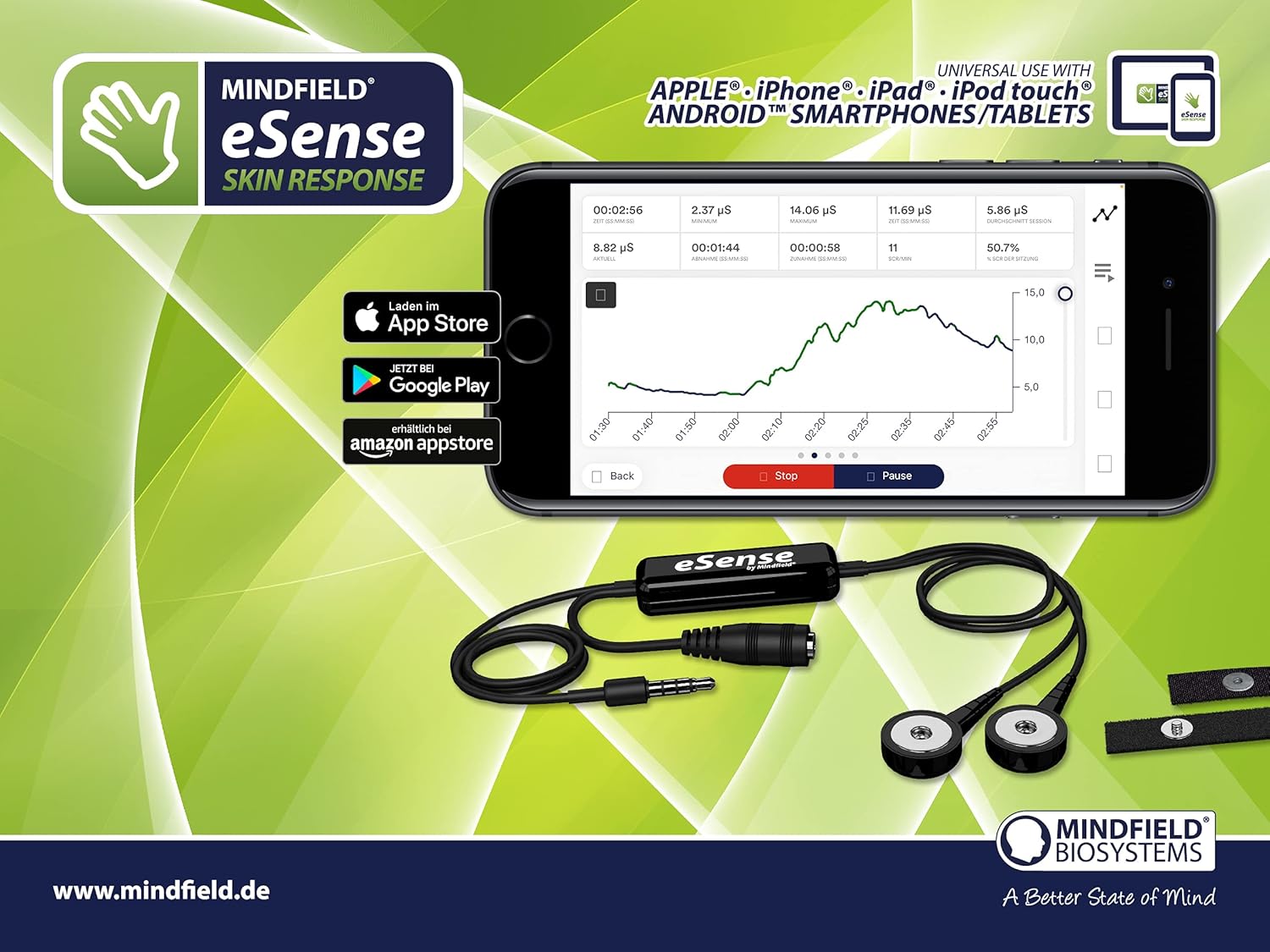 Mindfield eSense Skin Response | Biofeedback zum Stressabbau | Mit App für iPhone und Android | Integrierte Meditationen und Übungen zur Entspannung