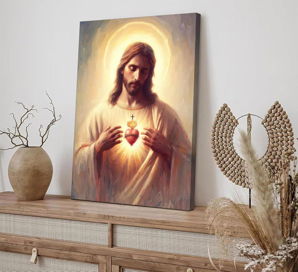 Jesus Sacred Heart Canvas Wall Art Painting Christian Poster Print Divine Mercy Picture Religious Spiritual Wall Decor for Bedroom Living Room 16x24in Framed