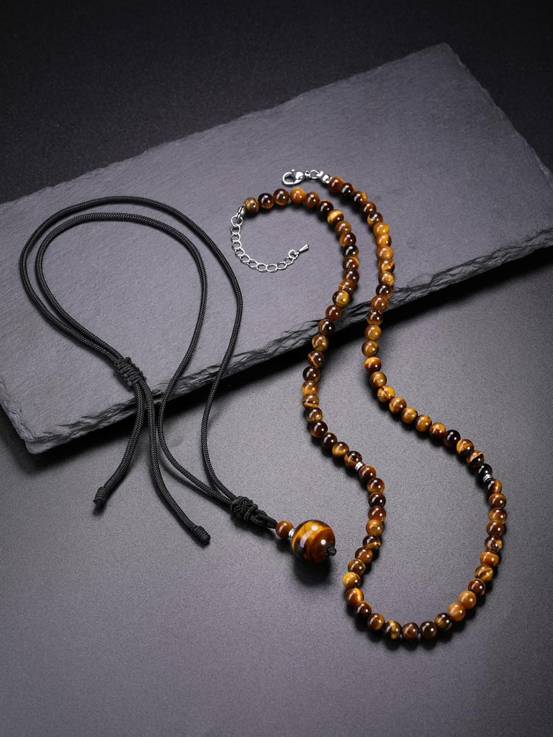 2pcs Men's Necklace Tiger's Eye Obsidian Beads Chains Black Braided Cord Chain with Ball Stones Pendant Crystal Chain Healing Stones Jewellery Spiritual Gift for Men Boys