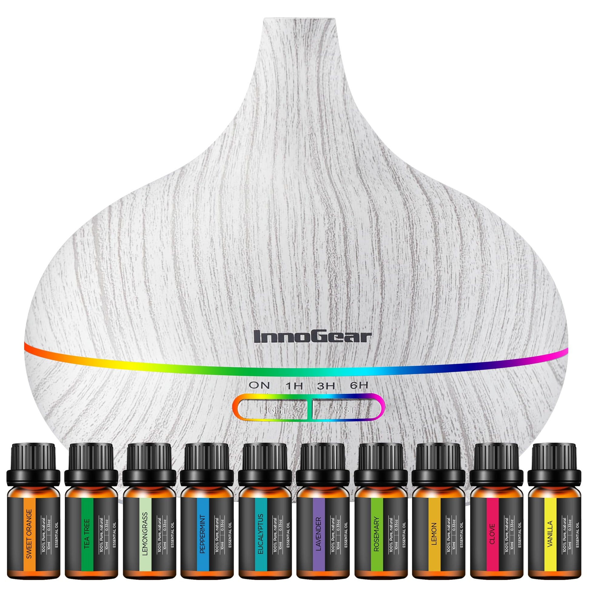 InnoGear 400ml Aromatherapy Essential Oil Diffuser 10 Oils Gift Set, Dark | Cool Mist Humidifier, Essential Oils, Ultrasonic, 4 Timers, Run up to 12hrs, Large Room, Home, Automatic Shut-Off, Quiet