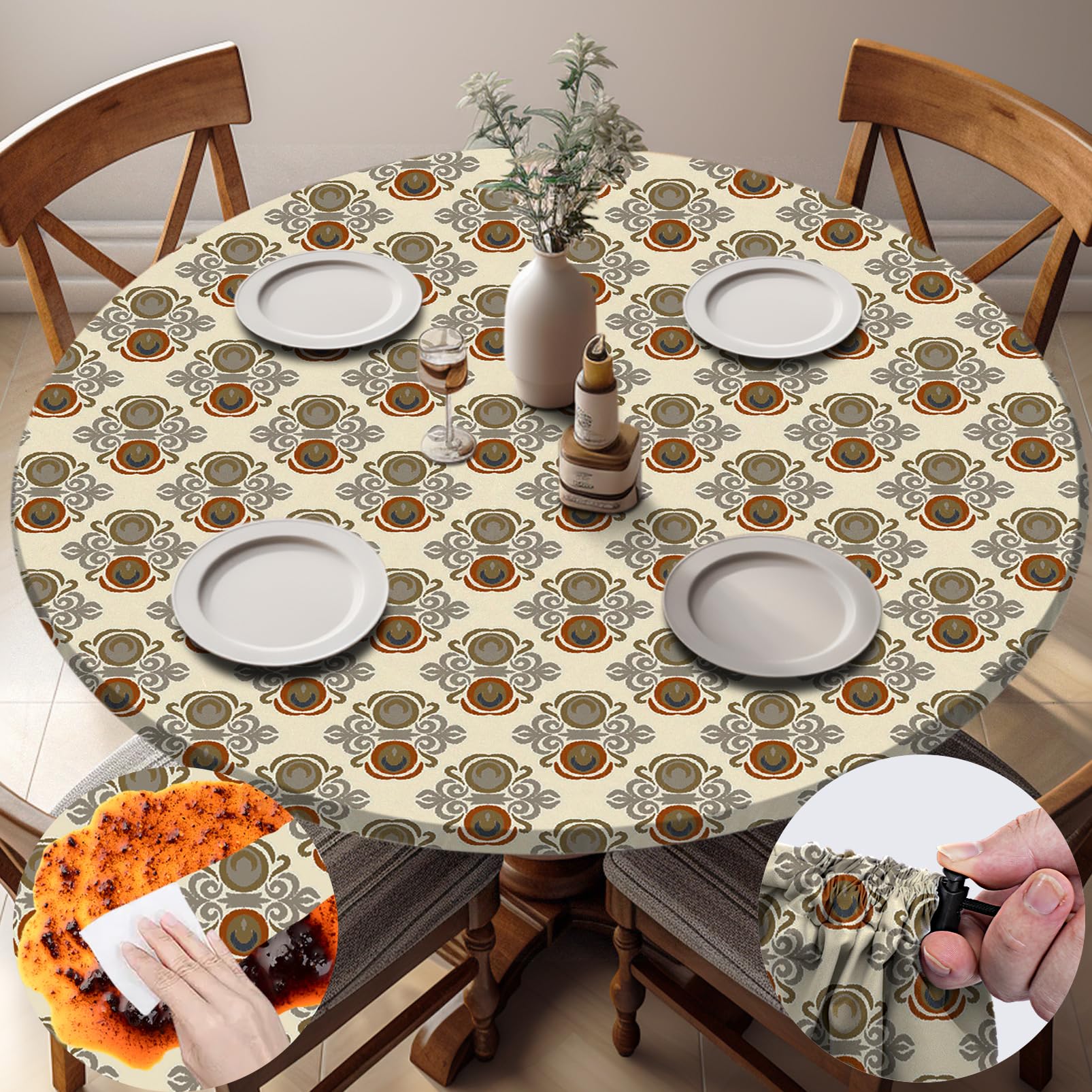 opstellen Fitted Round Tablecloth Waterproof Table Cloth Vinyl Indoor Outdoor Circle Cover for 36-44" Tables Dining Kitchen Apartment Home Party Gear Gifts Summer Fall Patio Picnic Camping Essentials