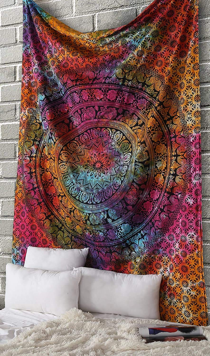 RAJRANG Mandala Wandteppich Schwarz Weiß 213 x 137 cm Baumwolle Boho Böhmischer Wandbehang für Wohnzimmer Dekor