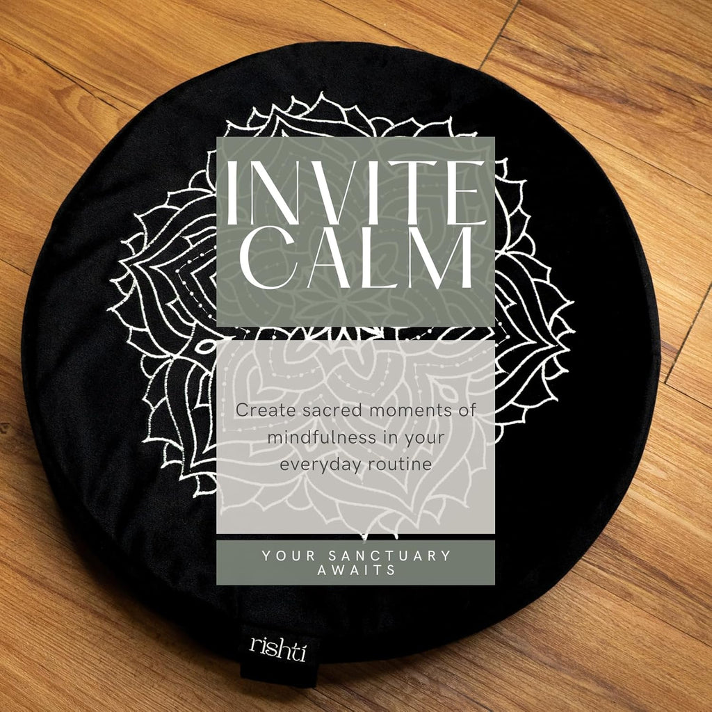 Black Velvet Embroidered Meditation Cushion - Buckwheat Filled with Lavender and Removable Foam Pad - Ideal for Yoga, Stress Relief, Mindfulness, and Holistic Living