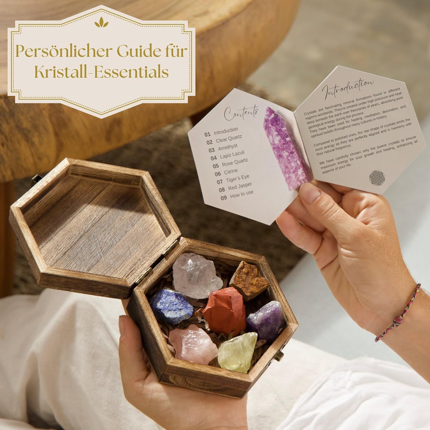 Anima Premium 7 Chakra Kristalle Steine Set – Edelsteine Heilsteine mit Rosenquarz, Amethyst und Lapislazuli in einer Holzbox für Heilung – Spirituelles Geschenk für Frauen mit Anleitungsheft