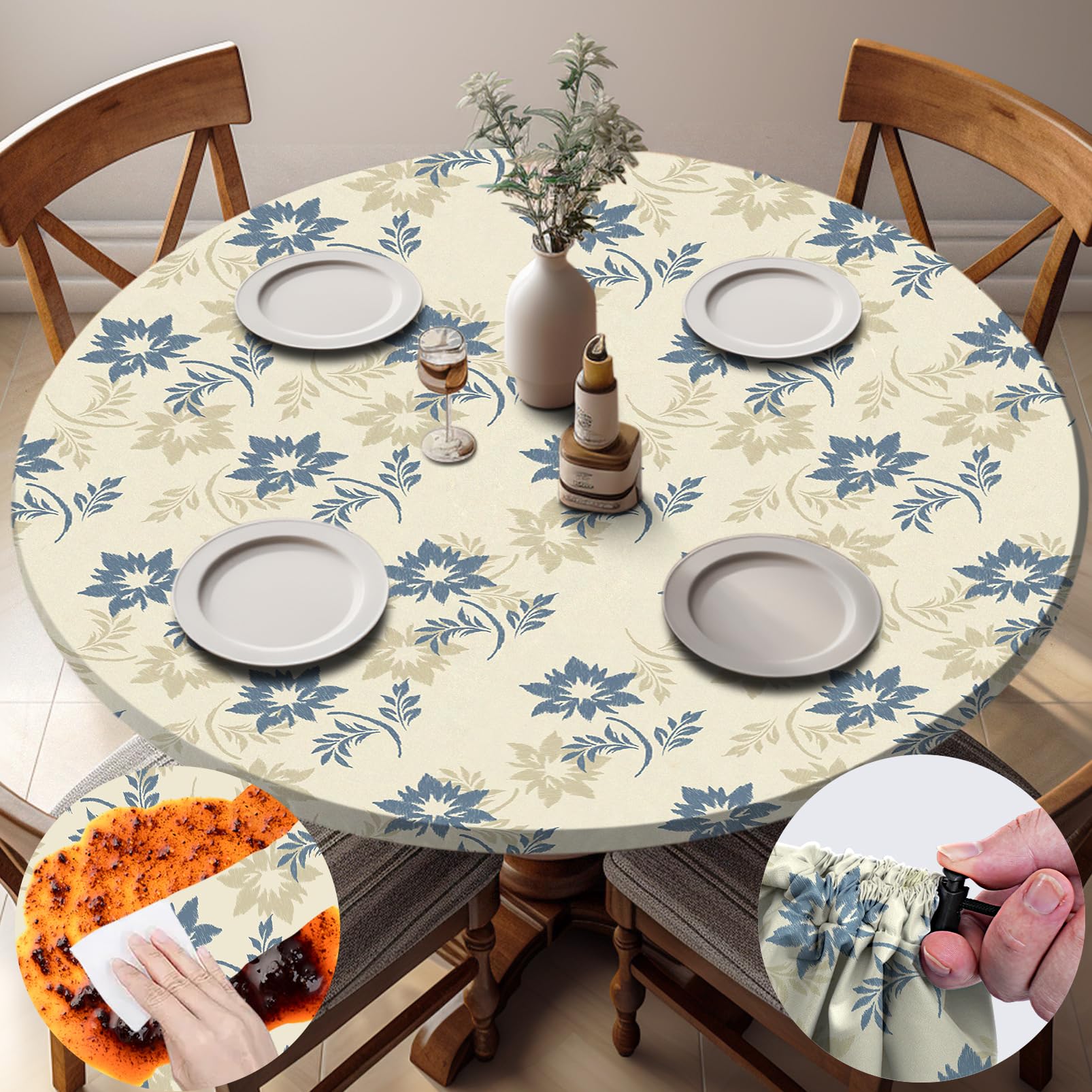 opstellen Fitted Round Tablecloth Waterproof Table Cloth Vinyl Indoor Outdoor Circle Cover for 36-44" Tables Dining Kitchen Apartment Home Party Gear Gifts Summer Fall Patio Picnic Camping Essentials