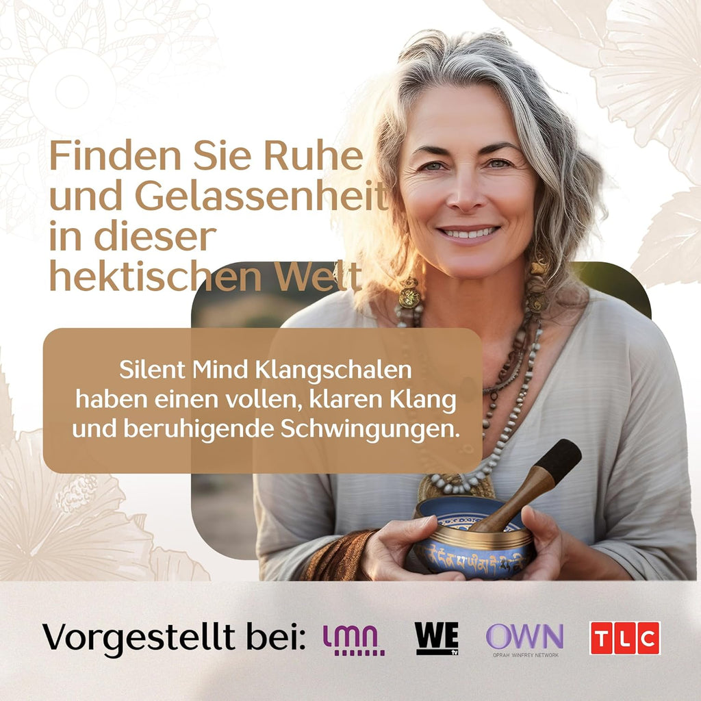 Silent Mind tibetische Klangschale Set ~ Blaue Design ~ mit hochwertigem Holz Klöppel und Himalaya Kissen ~ perfektes zur Yoga Meditation, Entspannung und Achtsamkeit ~ das ideale Geschenkset