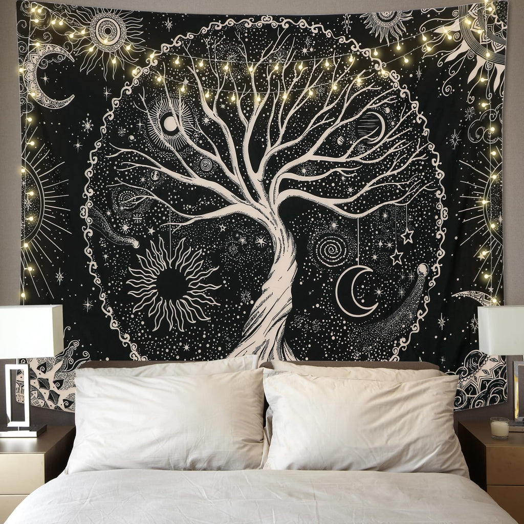 Betylifoy Baum des Lebens Tapisserie Mond und Sonne Schwarzer Wandbehang Tapisserie Psychedelisches Mandala Sternenhimmel Wandteppich Hippie Tapisserie für Schlafzimmer (148x200cm)