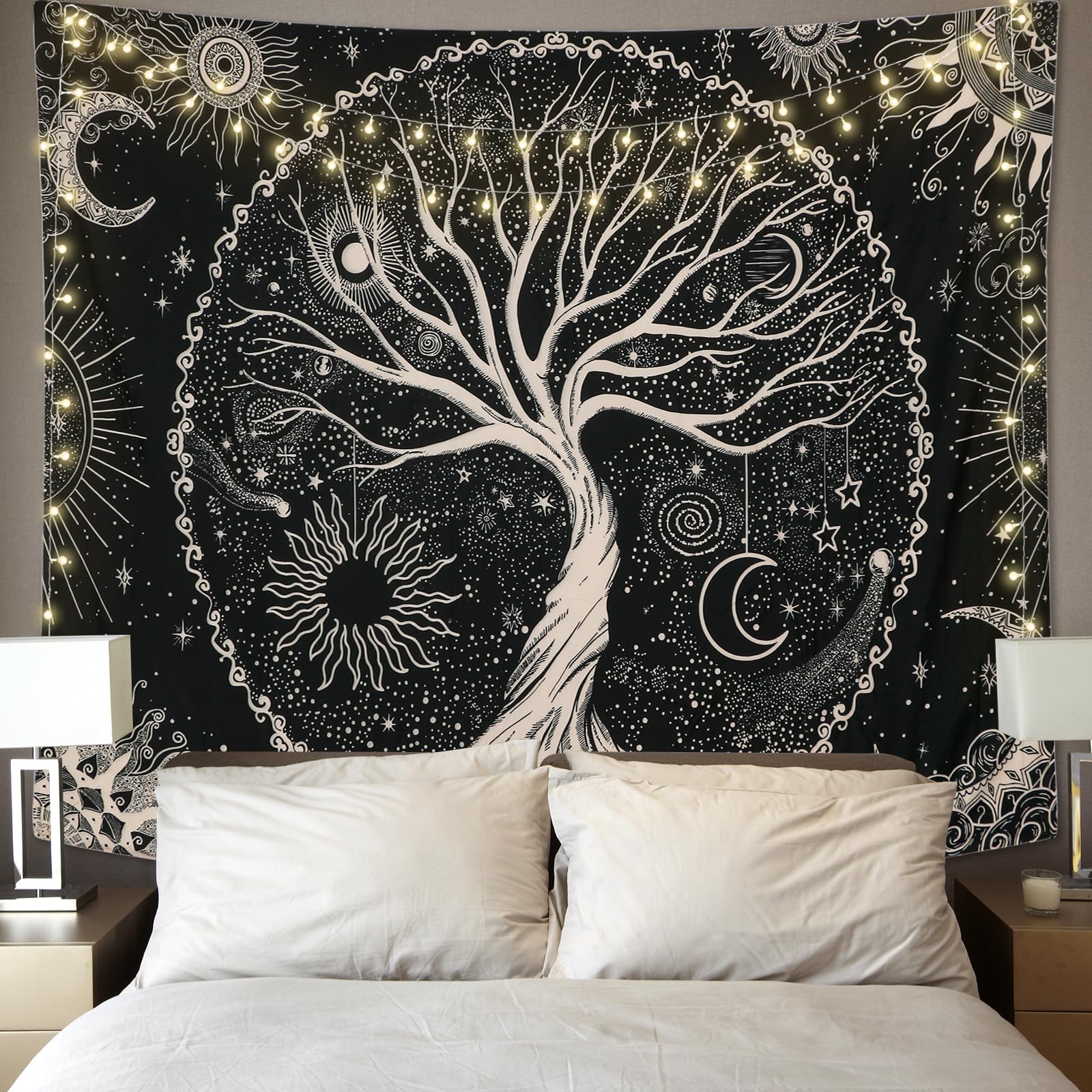 Betylifoy Baum des Lebens Tapisserie Mond und Sonne Schwarzer Wandbehang Tapisserie Psychedelisches Mandala Sternenhimmel Wandteppich Hippie Tapisserie für Schlafzimmer (148x200cm)