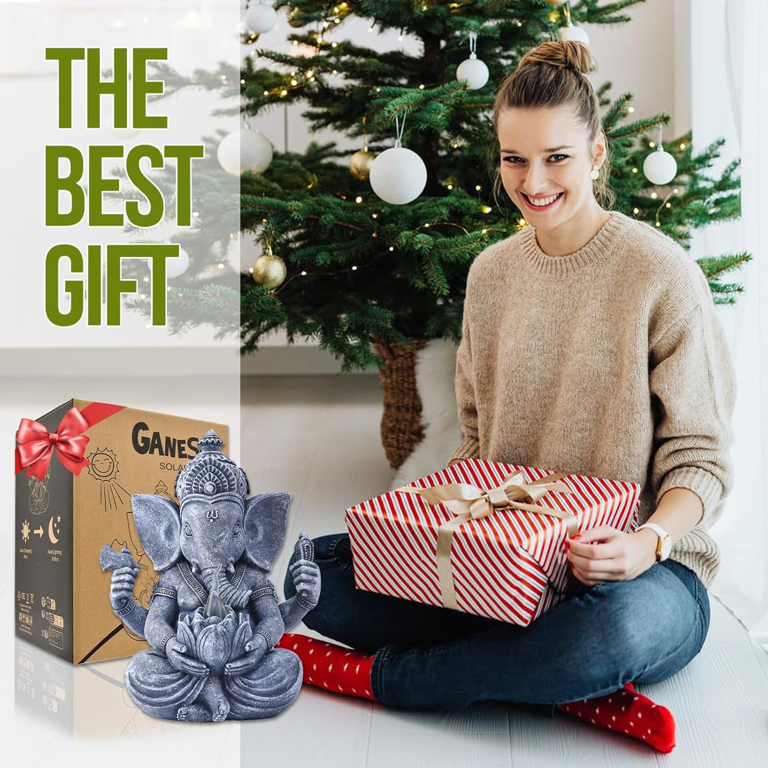 Ganesha Figur Buddha mit Solarlampen für Deko Wohnzimmer Schreibtisch Zubehör : Ganesha Zen Garten Buddha Figur Geschenke für männer Frauen Mama Wetterfest Zimmer Balkon Dekoration Grau 20CM