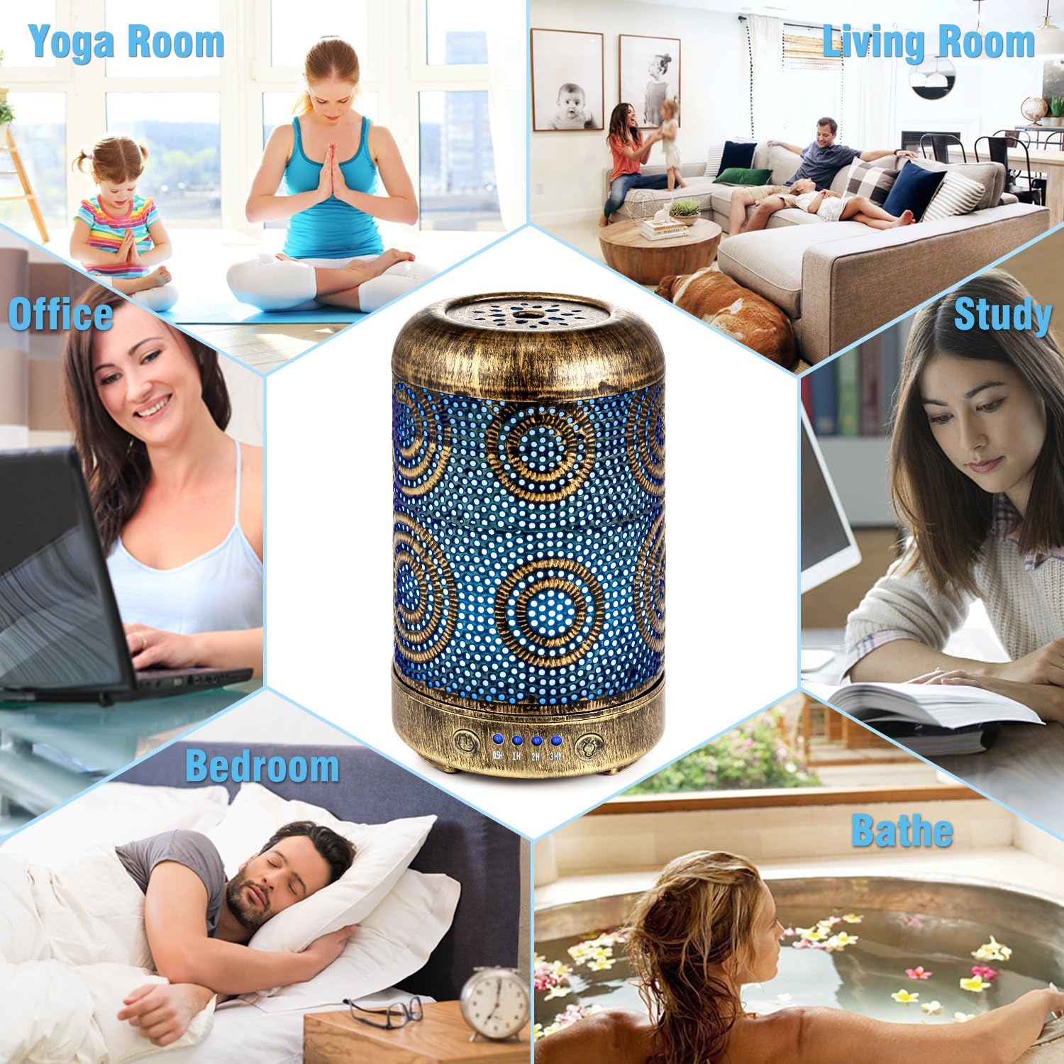 SALKING Aroma Diffuser Luftbefeuchter Humidifier, Handgefertigt Metall Diffusor für ätherische Öle, Automatisch Power-Off, 7 Farbe Licht Vintage Aromatherapie für Baby, Zuhause Büro oder Yoga