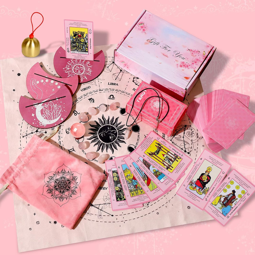 Myripoly Pink Tarot Cards Deck Set for Beginners-Classic Tarot Cards with Meanings on Them-17PC Tarot Witchcraft Kit,-Crystal Ball Divination- Fei Shui Bracelet