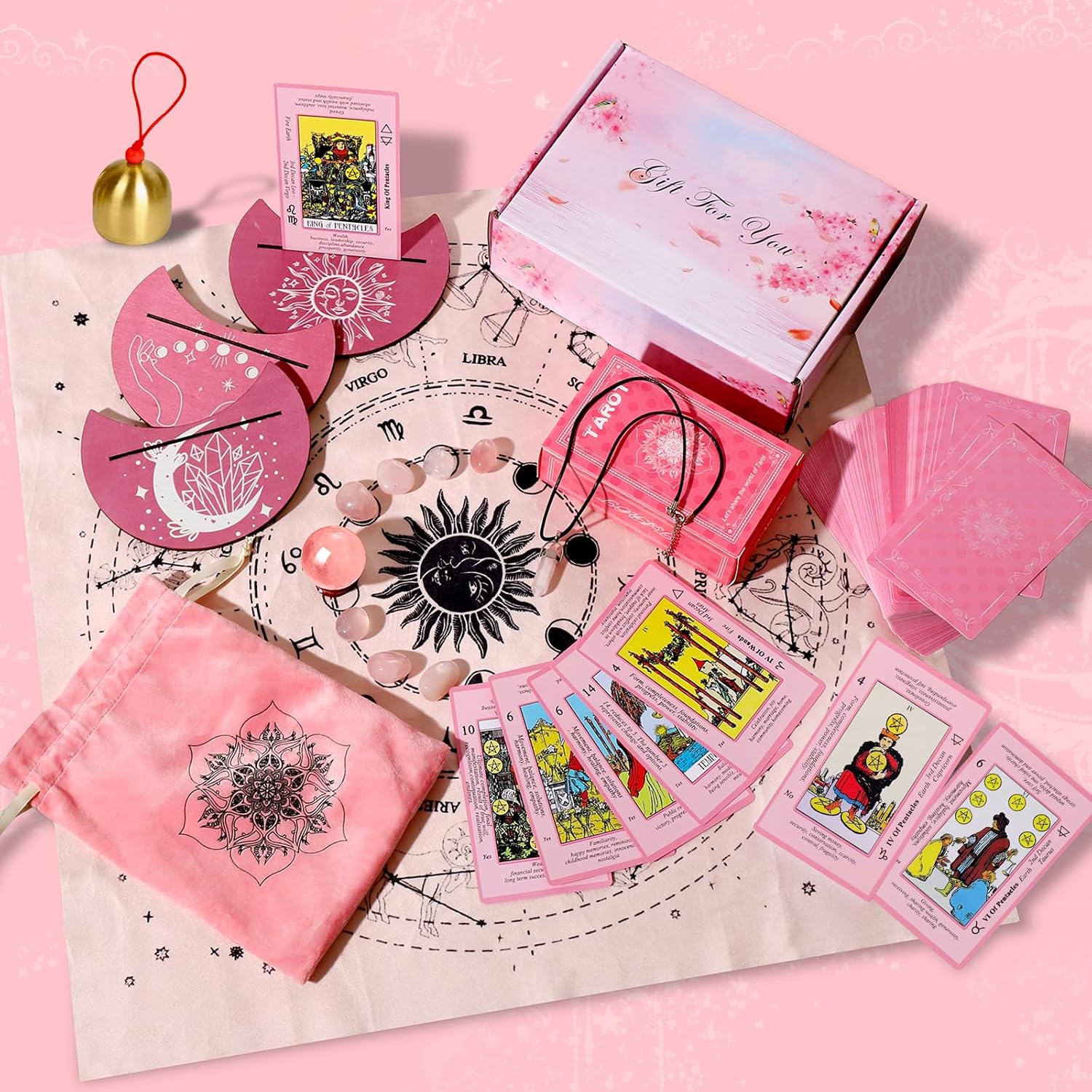 Myripoly Pink Tarot Cards Deck Set for Beginners-Classic Tarot Cards with Meanings on Them-17PC Tarot Witchcraft Kit,-Crystal Ball Divination- Fei Shui Bracelet