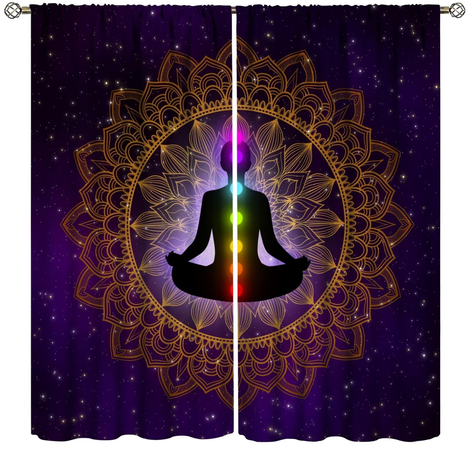 ZhiRain Seven Chakra Curtains Hippie Yoga Meditation Boho Mandala Galaxy Curtain with Rod Pocket for Bedroom Living Room Home Decor Drapes Window Treatments 2 Panels Set 42" W X 45" L