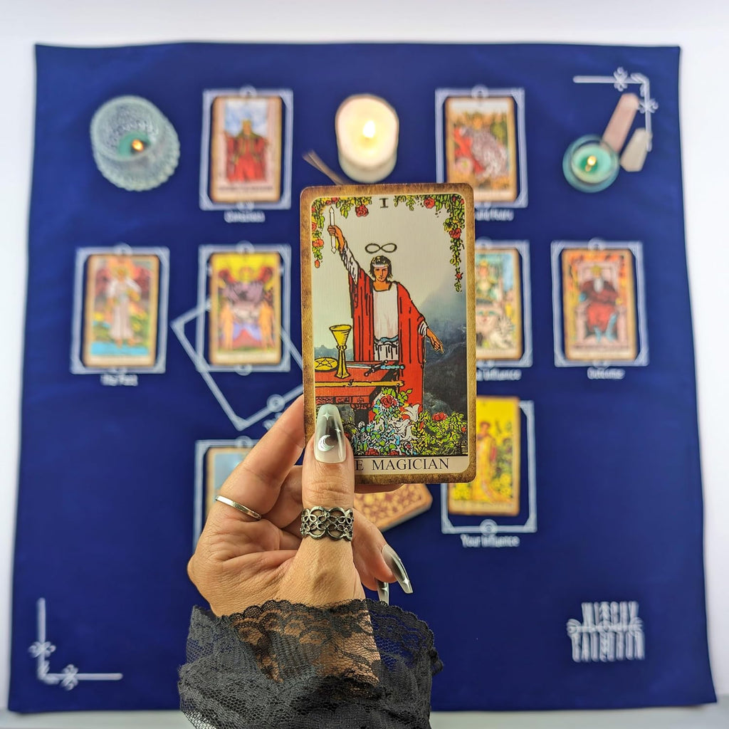 Tarot Divination Table Cloth for Reading and Altar Cloth Moon Alter, Cloth Witchy Embroidery Velvet Silk Touch Satin Celtic Cross (Blue)