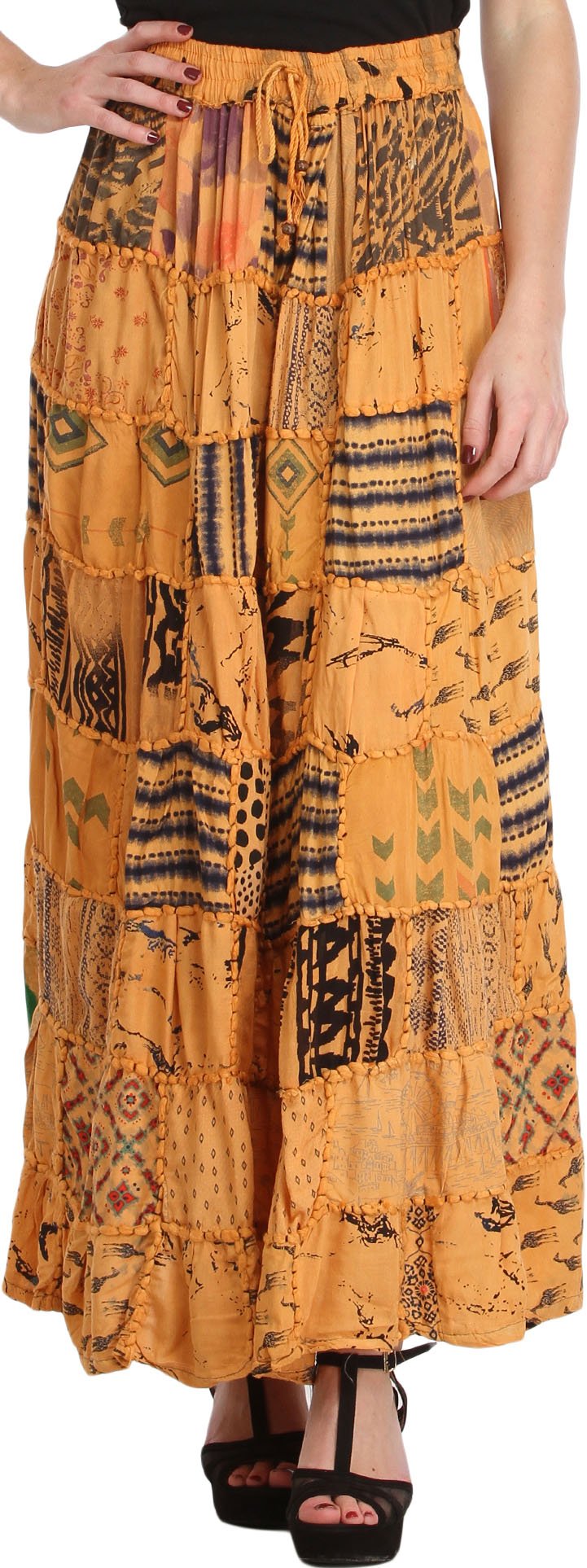 Exotic India Long Printed Dori Skirt from Gujarat with Patch Work - Rayon