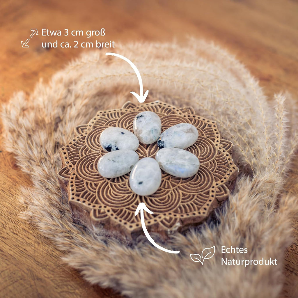 Lebensquelle Plus Rainbow Moonstone Drop Pendant, Drilled Tumbled Stone Pendant with Cotton Band, High-Quality Gemstone Pendant