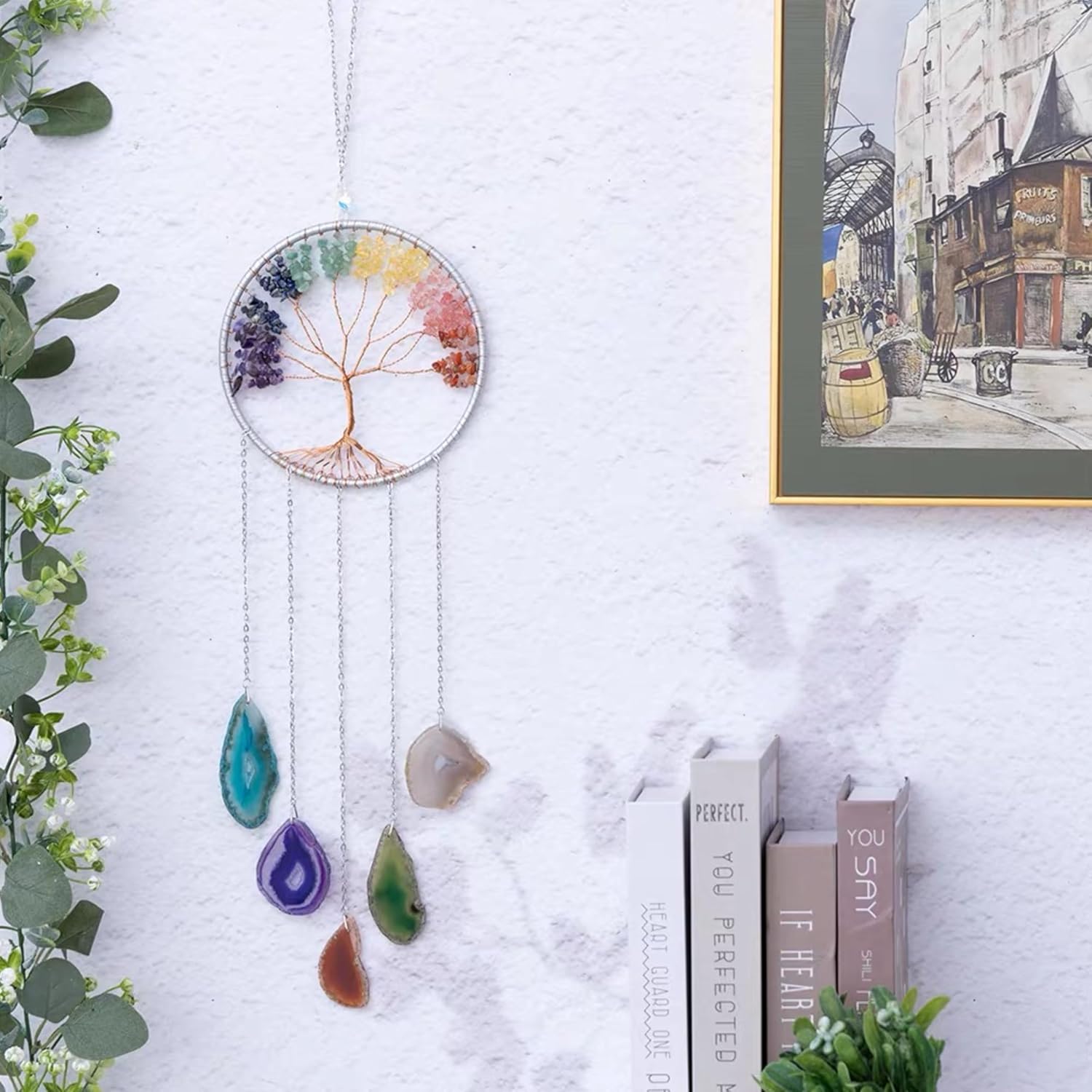Crystals Tree of Life Dream Catcher, Natural Gemstone Agate Chakra Sign, Wall Hanging, Home Decoration for Meditation, Yoga Wall Art, Mandala Ornaments for Bedroom (7 Chakra Crystals)