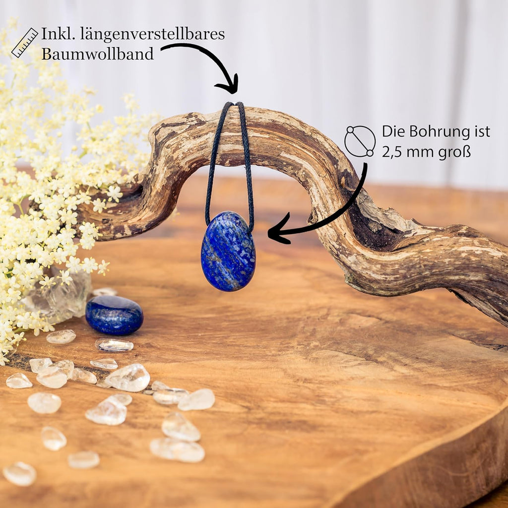 Lebensquelle Plus Lapis Lazuli Drop Pendant | Drilled Drop Tumbled Stone Pendant with Cotton Cord | High-Quality Gemstone Pendant