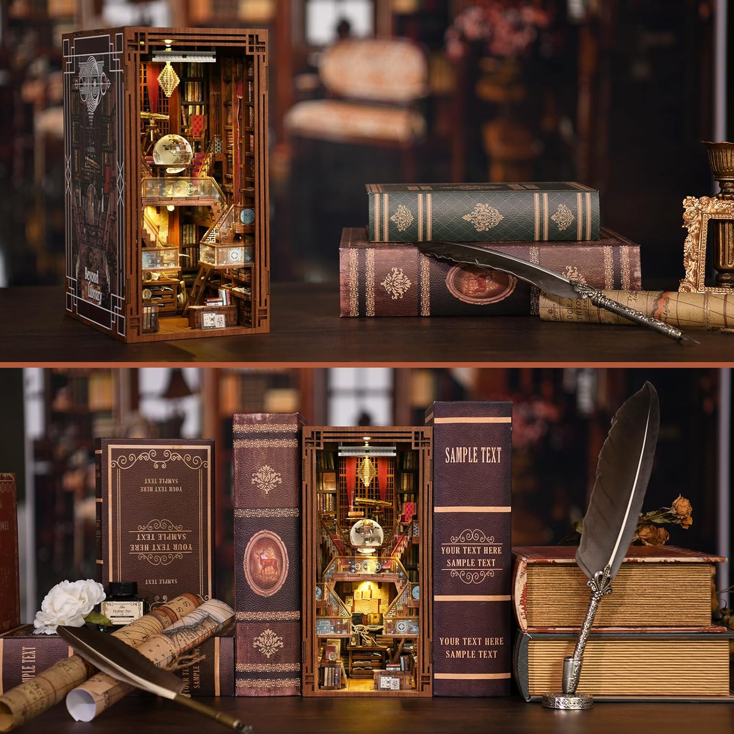 Book Nook Kit, DIY Miniatur Puppenhaus Booknook Kit, 3D Wooden Puzzle Bookend Bookshelf Insert Decor mit LED-Licht und Staubschutzhülle für Jugendliche und Erwachsene (Beyond Library)