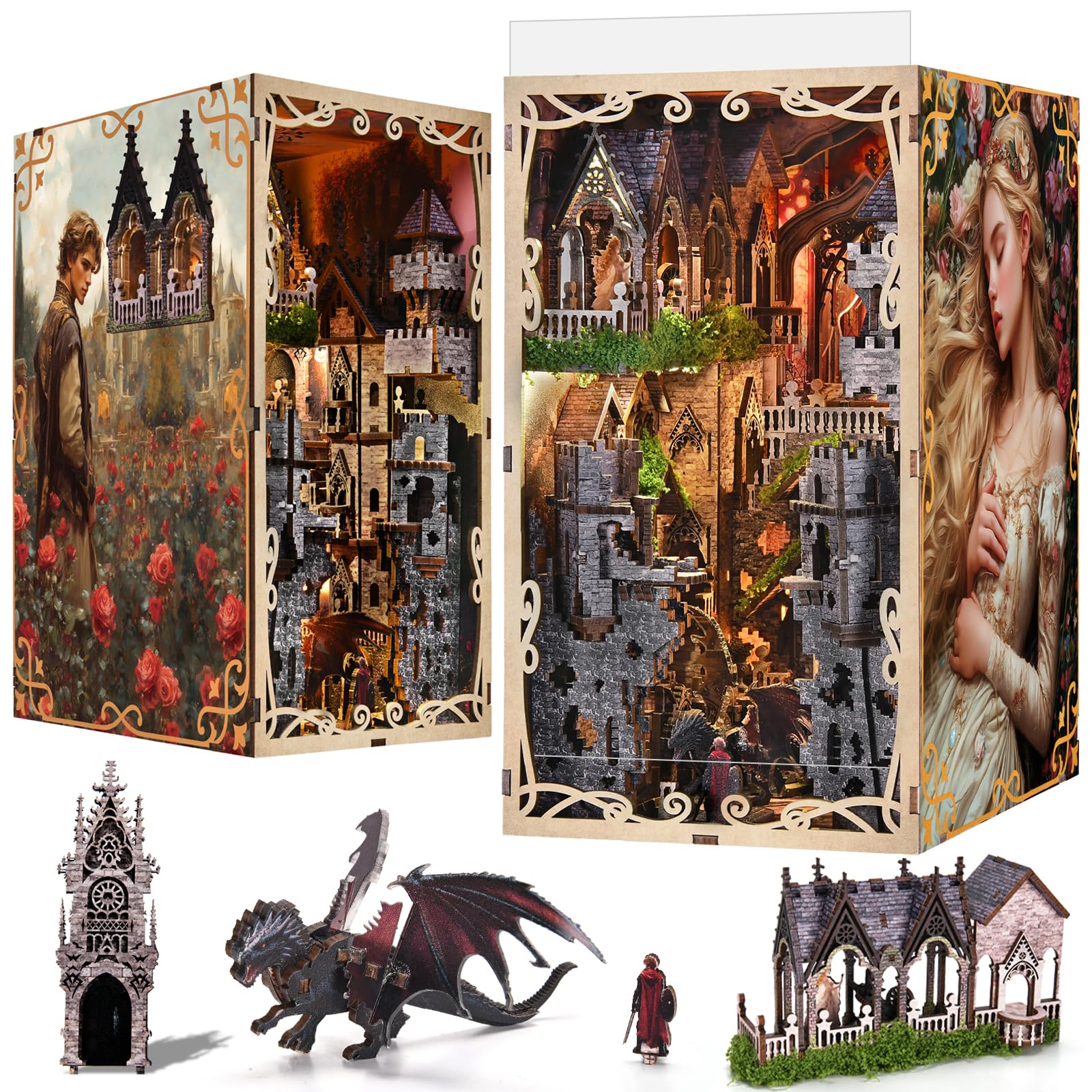 Book Nook Kit, DIY Miniatur Puppenhaus Booknook Kit, 3D Wooden Puzzle Bookend Bookshelf Insert Decor mit LED-Licht und Staubschutzhülle für Jugendliche und Erwachsene (Beyond Library)