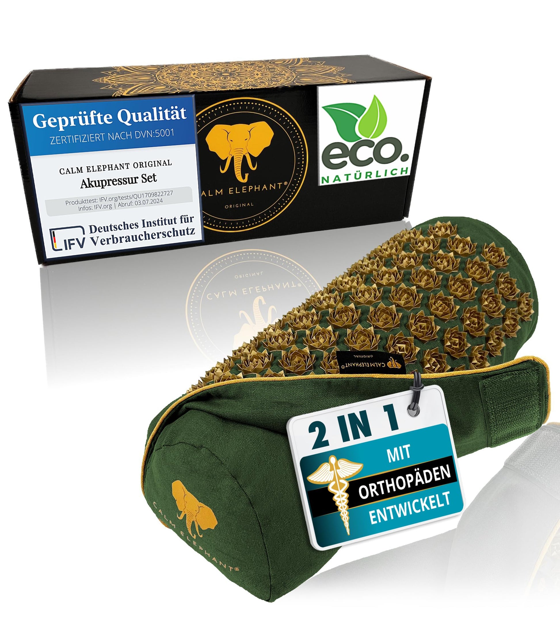 CALM ELEPHANT ORIGINAL® Akupressurmatte mit Kissen XXL Set GENUINE 5-teilig, Massagematte Rücken, Verspannungen lösen, Akupunktur Matte, Kissen mit Wärmefunktion, Lendenkissen, Fußmatte & Tasche, grau