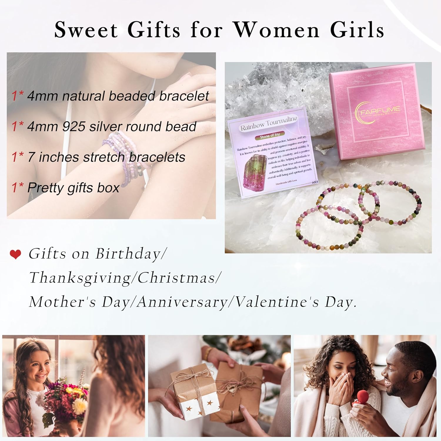 Farfume 4mm Edelstein Perlen Armband für Frauen, Kristall Silber 925 Naturstein Schmuck Elastisch Armbänder Damen, Chakra Spirituelle Charms Armbänder Valentinstag-Geschenke