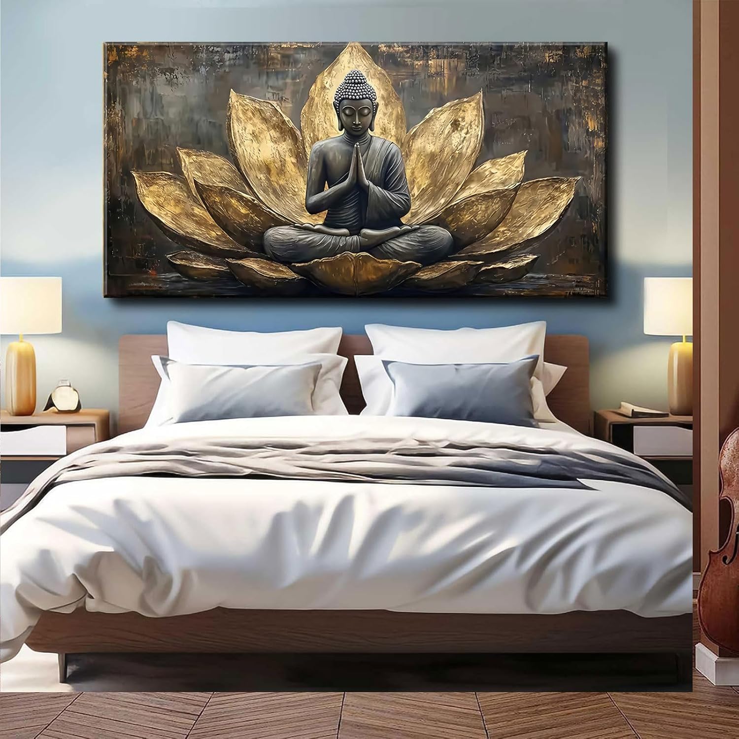 Large Buddha Lotus Canvas Wall Art Abstract Gold and Grey Zen Buddhism Decor painting Pictures Modern Serene Meditation Posters Prints for living room Bedroom Office Hallway Home Decoration
