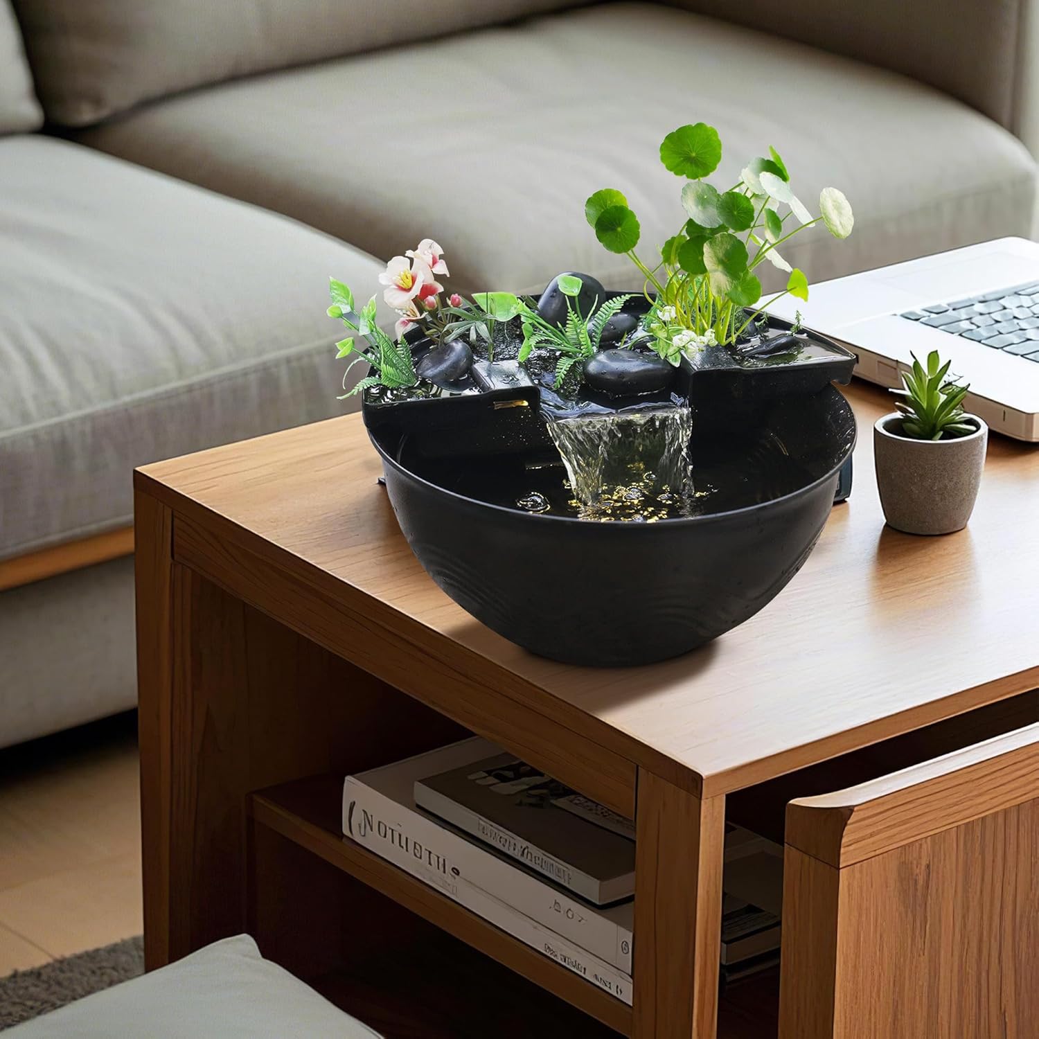 Biling Tischteich für den Innenbereich, Kleines Fischteich Set mit Wasserfall, Tisch Wasserfall Brunnen Set Wassergarten für Büro Wohnzimmer Balkon Garten, gut für Meditation und Entspannung, Schwarz